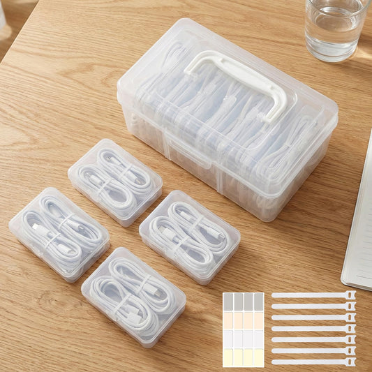 Portable Cord Organizer Box with Handle, 7 Clear Cable Storage Cases and Labels, Travel Cable Holder for Charging Cords, USB Wires, Earphones - Home