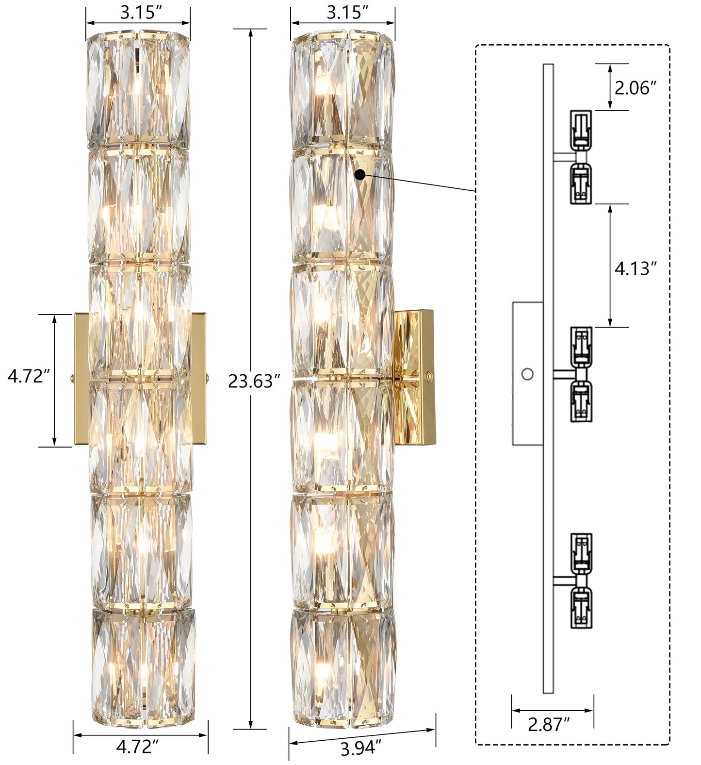 SAMTEEN 24-Inch Crystal Wall Sconce Gold Sconces Wall Lighting Mid-Century Modern 6-Light Luxury Brass Glass Wall Light Fixture for Bedroom Hallway