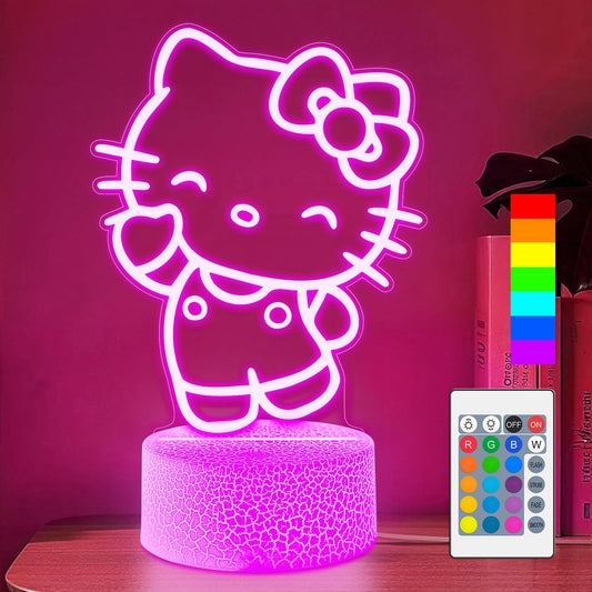 Wafinkeng Cute Night Light for Kids - Anime Charater Kitty Cat Decor Lamp with 16 Colors Change, Remote, Dim Control, 3D Illusion LED Night Lights