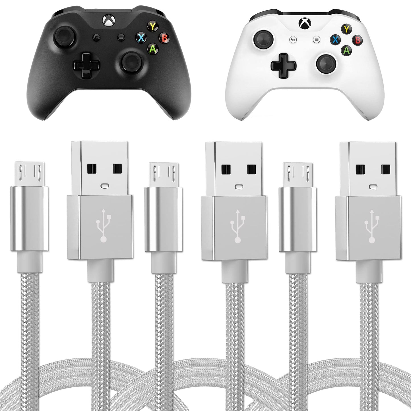 TALK WORKS Charger Cord Compatible with Xbox One Gaming Controllers - 6 ft Nylon Braided Micro USB Charging Cable, Heavy-Duty Fast Charge (Silver