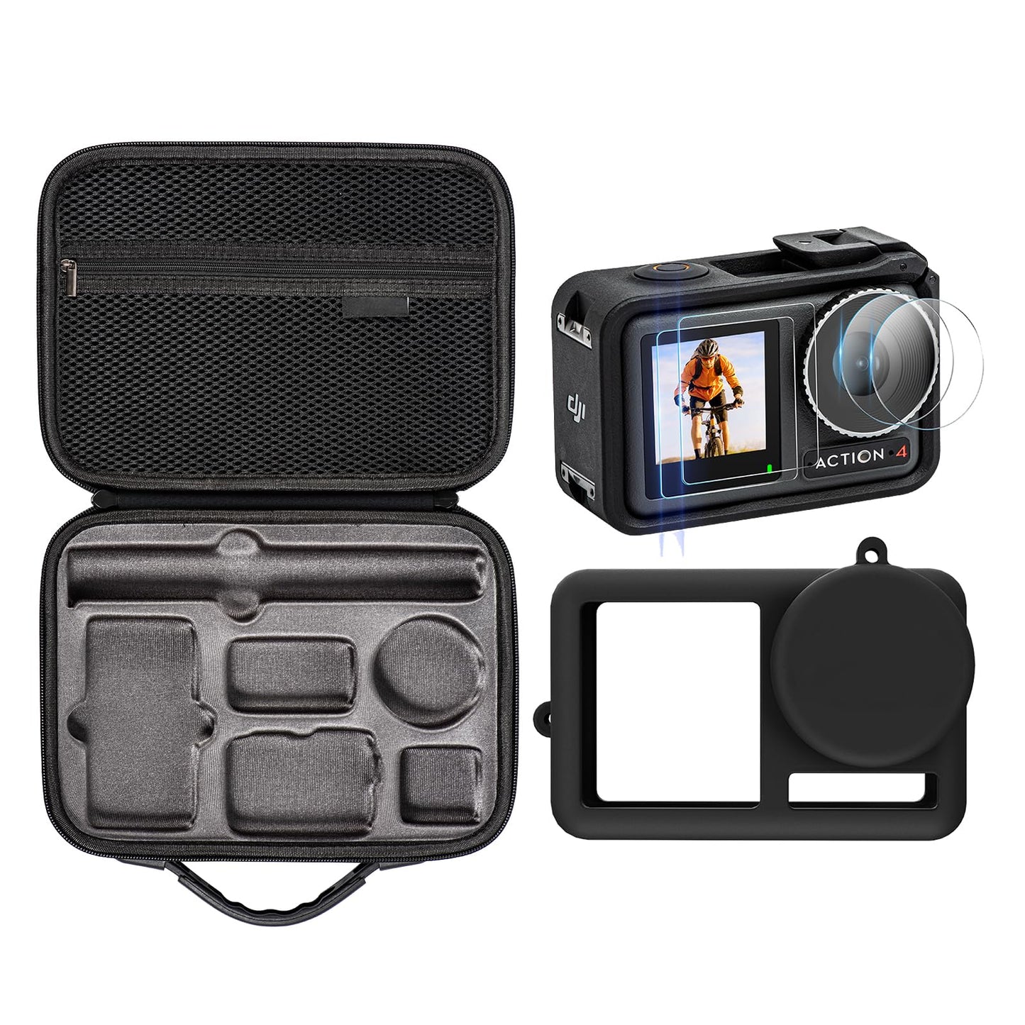 DJI 3 in 1 Accessories Kit Compatible with Dji Osmo Action 4, Includes Screen Protector, Carrying Case, Silicone Protective Case, Camera Accessory