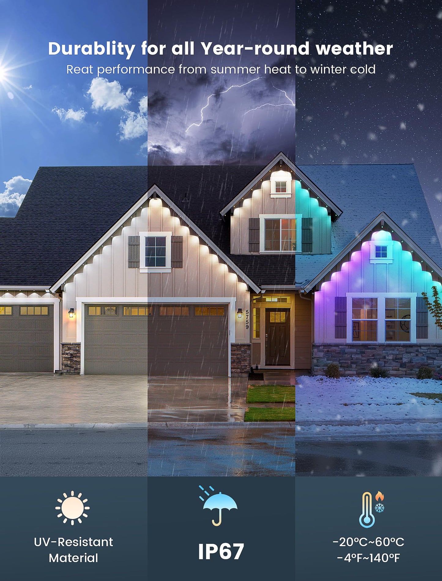 Qunlight Permanent Lights Outdoor,Smart RGB LED Lights with 66 Scene Modes,50FT LED Eaves Lights IP67 Waterproof,Color Changing String LED Lights