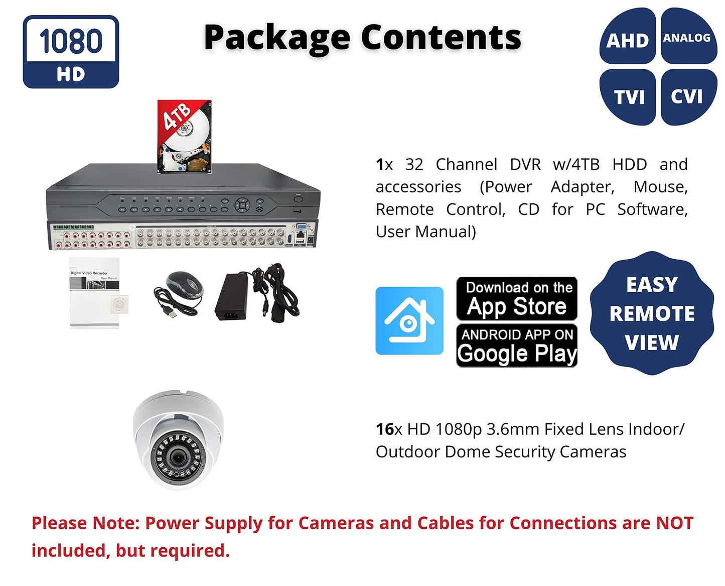 Evertech 32 Channel CCTV Security Surveillance System H.265 Security Digital Video Recorder 4TB Recording Storage and 16 Dome Cameras