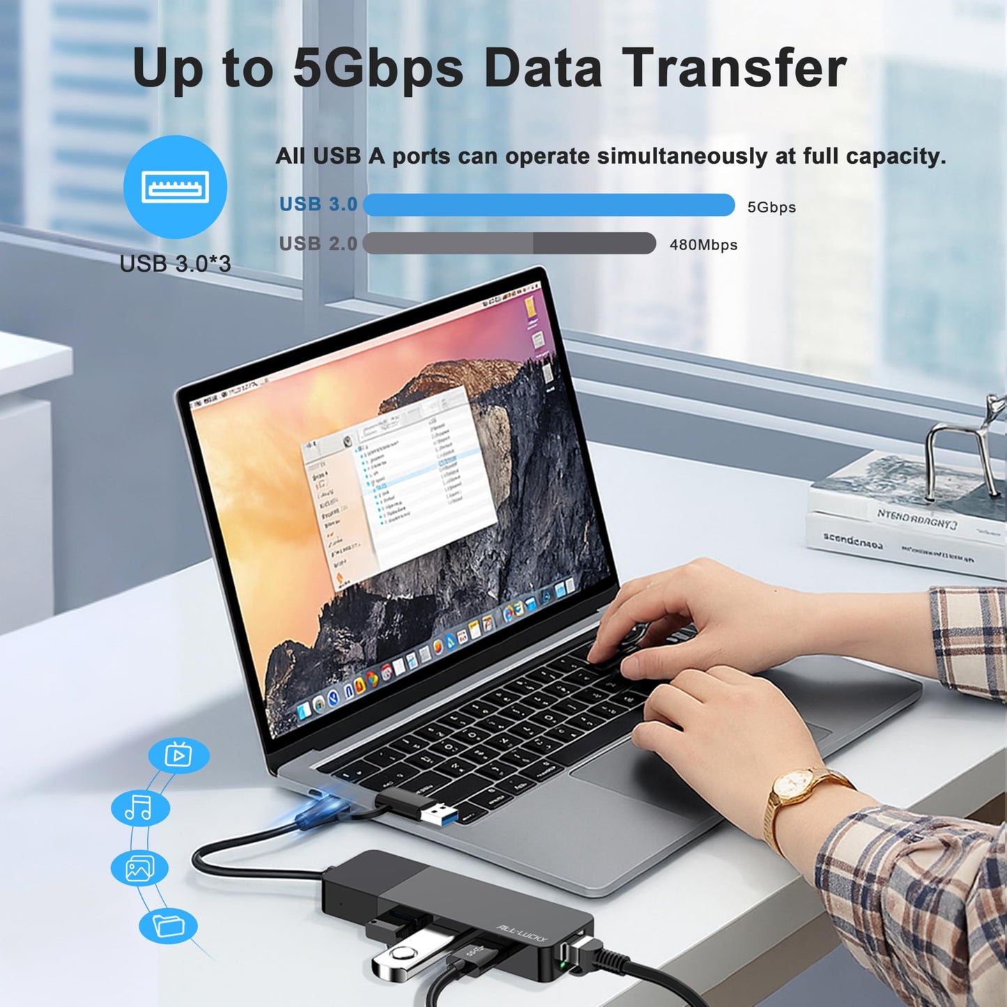 ALL-LUCKY USB to Ethernet Adapter, 4 in 1 USB C to Ethernet Adapter Hub with 3 x USB 3.0 Port/Gigabit Internet Port, High-Speed Network Hub Compatible