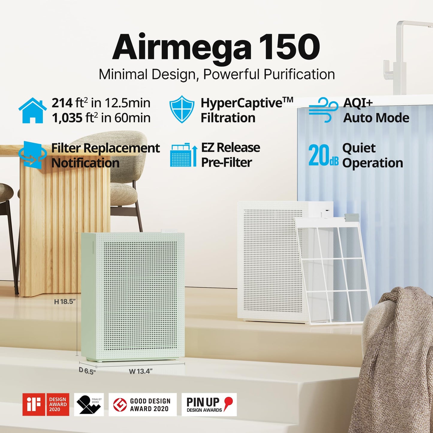 COWAY Air Purifiers for Home Bedroom up to 1,035ft² with HEPA Filter, Carbon Filter, Washable Filter for Smoke, Pollen, Dander, with Air Quality