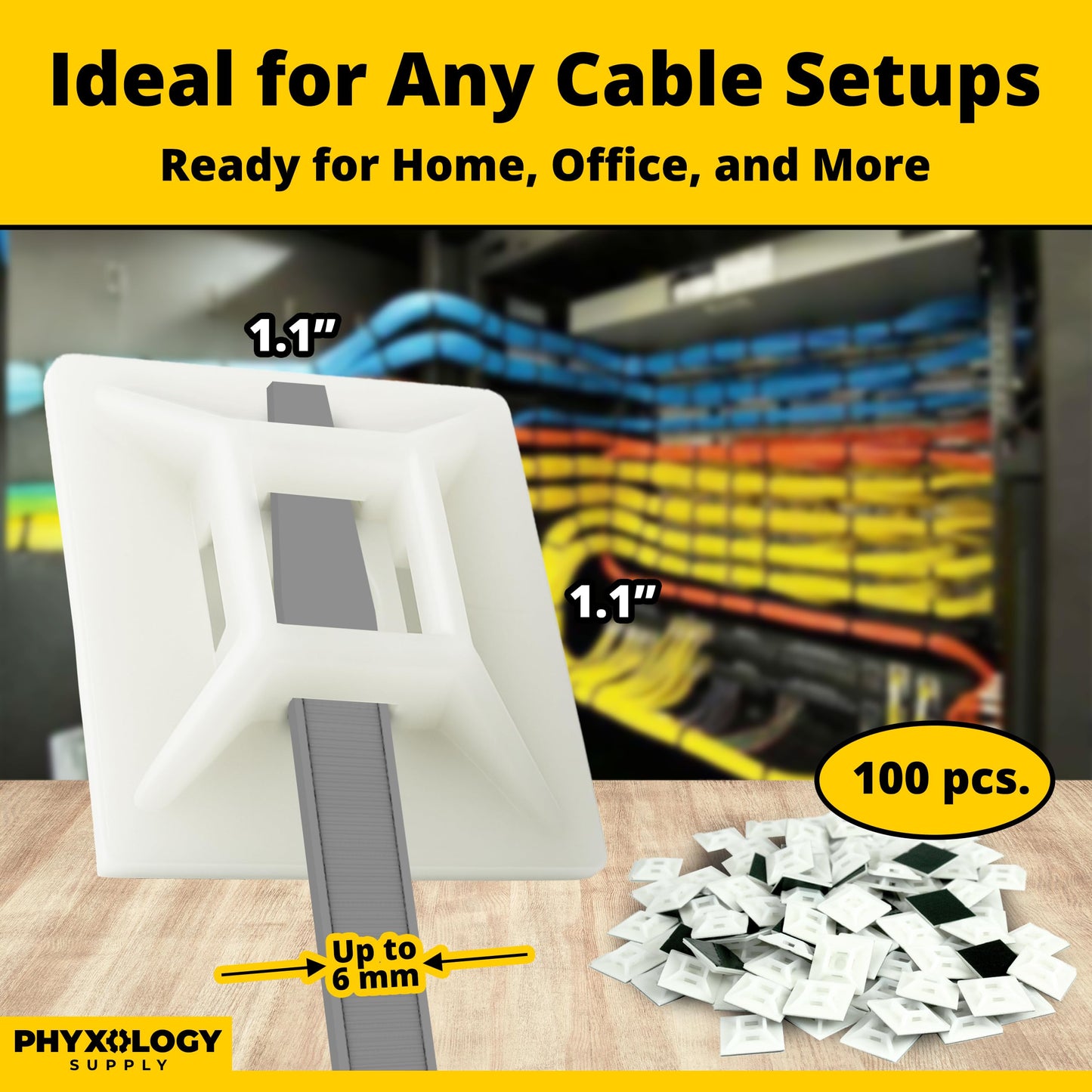 Large, Premium Zip Tie Adhesive-Backed Mounts 100 Pk by Phyxology Supply. Pro-Grade, UV White Cable Tie Bases: 1.1 in x 1.1 in. Screw-Hole Anchor