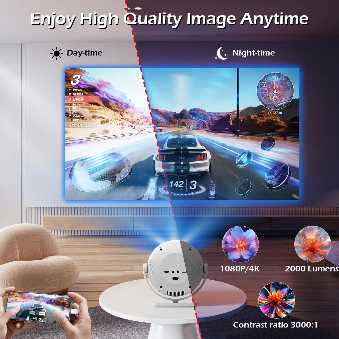 Buruifon Mini Native 1080P Projector, 4K Support with WiFi6 and BT 5.2, Built-in Apps Full HD Outdoor Projector, Auto Keystone compatible with Cell