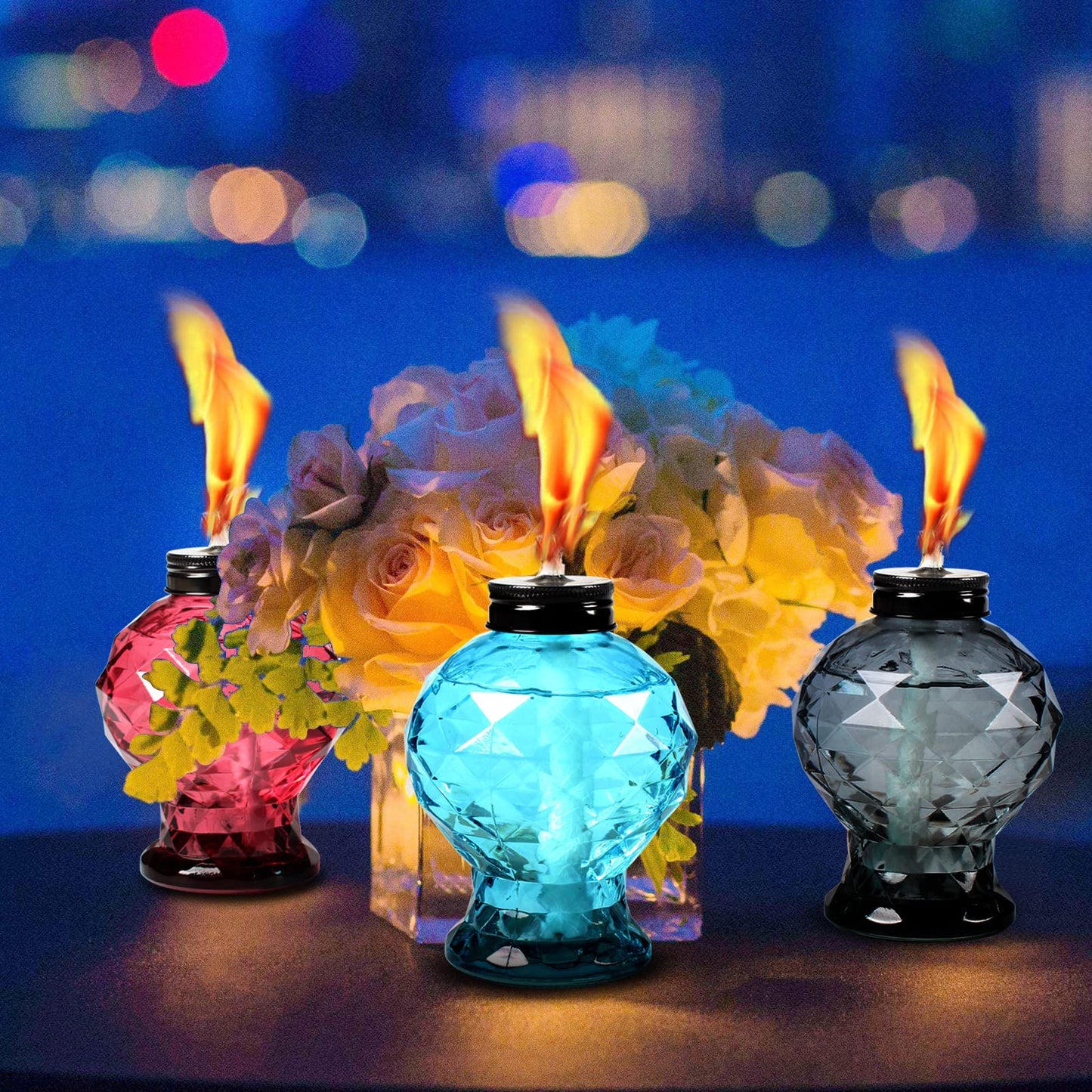 DIKAIDA 4 Pack Glass Table Torch,Citronella Glass Table top Torches with Wick and Cap for Outdoor ,Refillable Torches Landscape Lanterns Torches