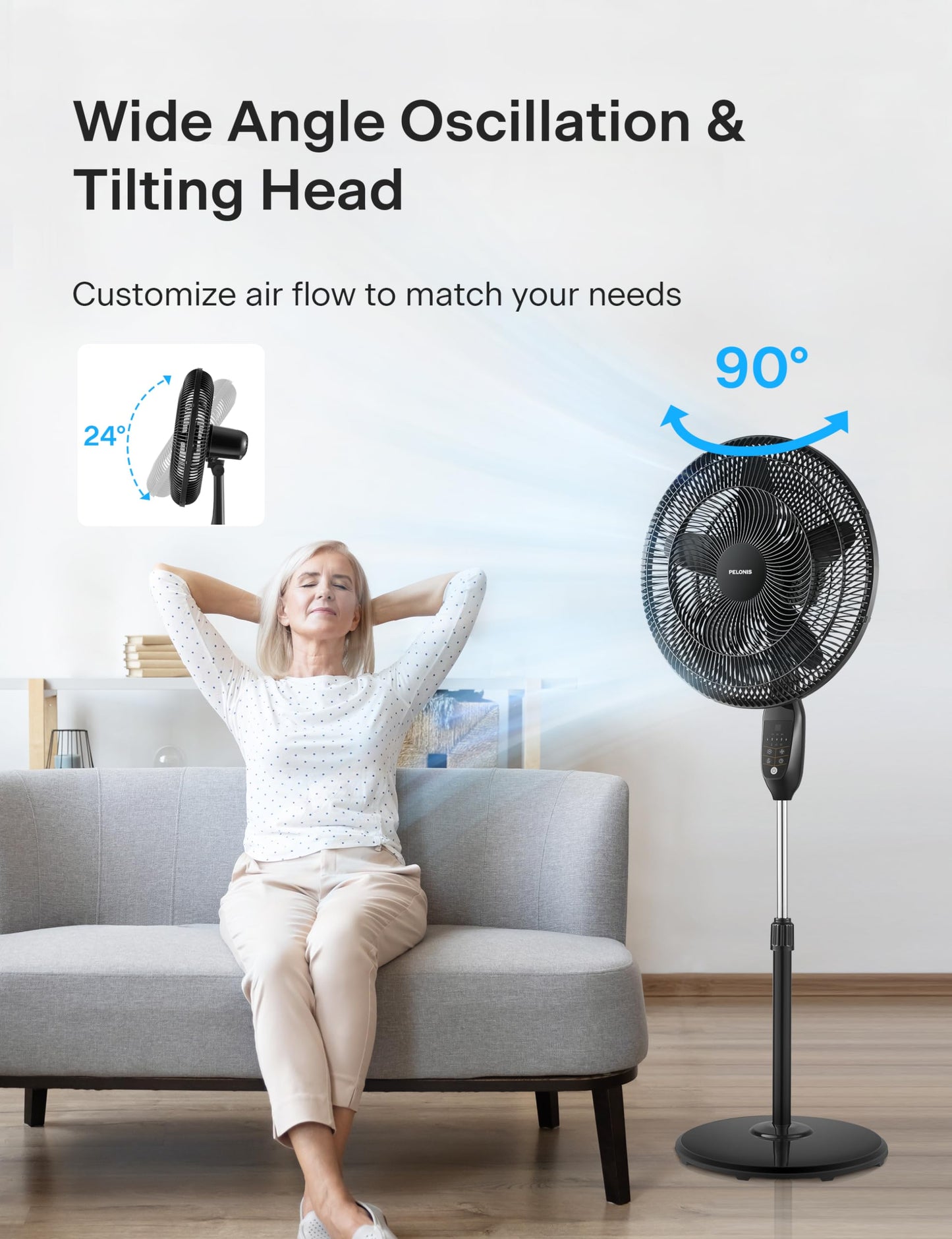 PELONIS 18" 5-Blade Adjustable Oscillating Pedestal Fan with Remote, Black