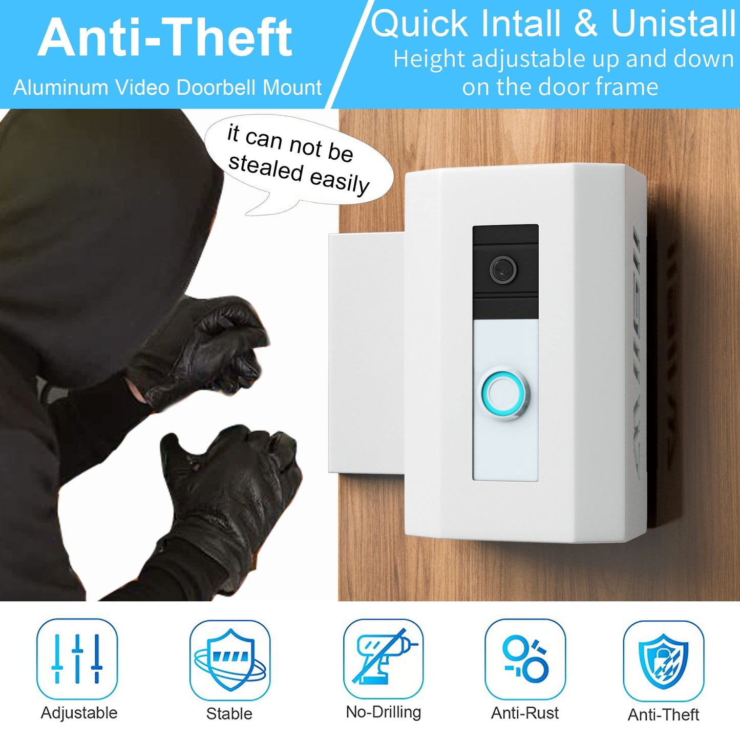 Bleu Clair Anti-Theft Video Doorbell Mount Compatible with Video Doorbell 1/2/3/3 Plus/4, Adjustable No-Drill Mounting Metal Bracket Wedge Adapter