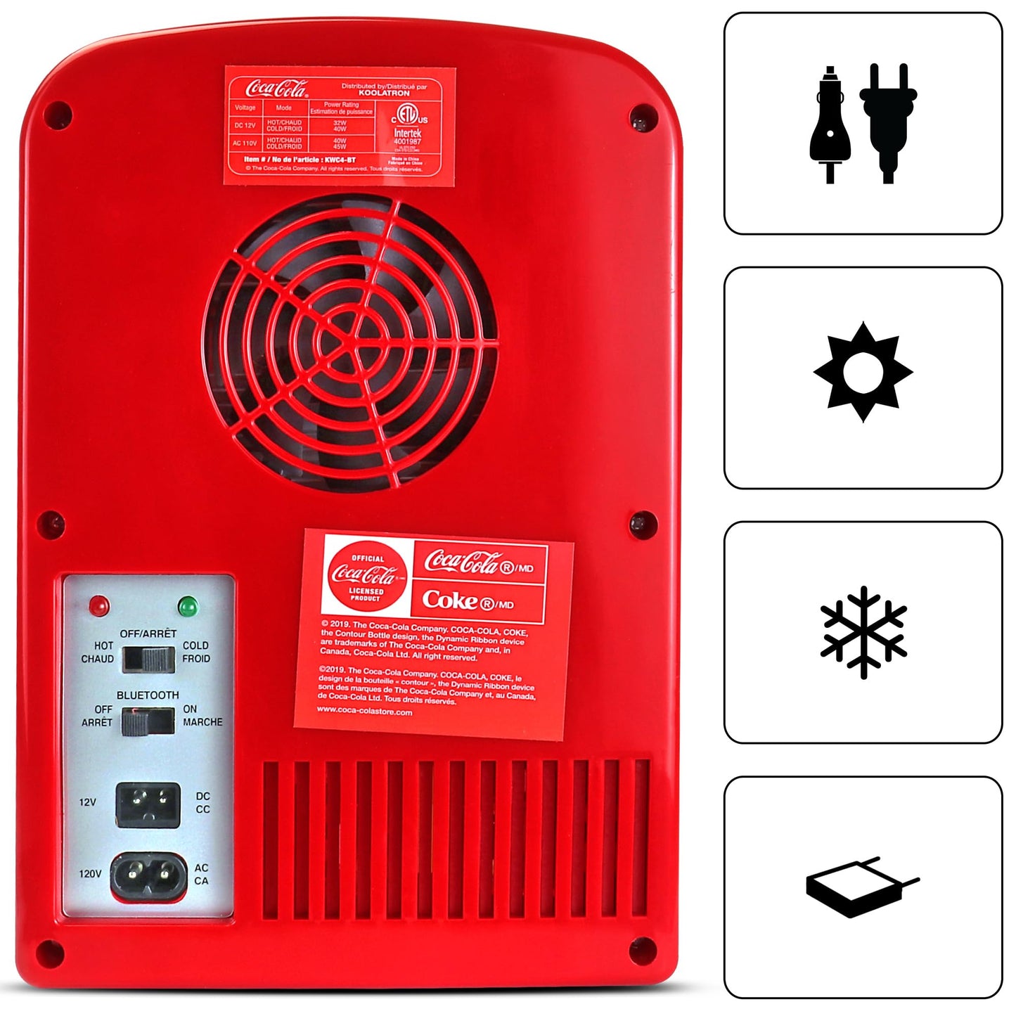 Coca-Cola 12V Portable Bluetooth Speaker Mini Fridge, AC/DC Power Cords Included, Compact Speaker and Personal Cooler/Warmer for Desk Office Dorm