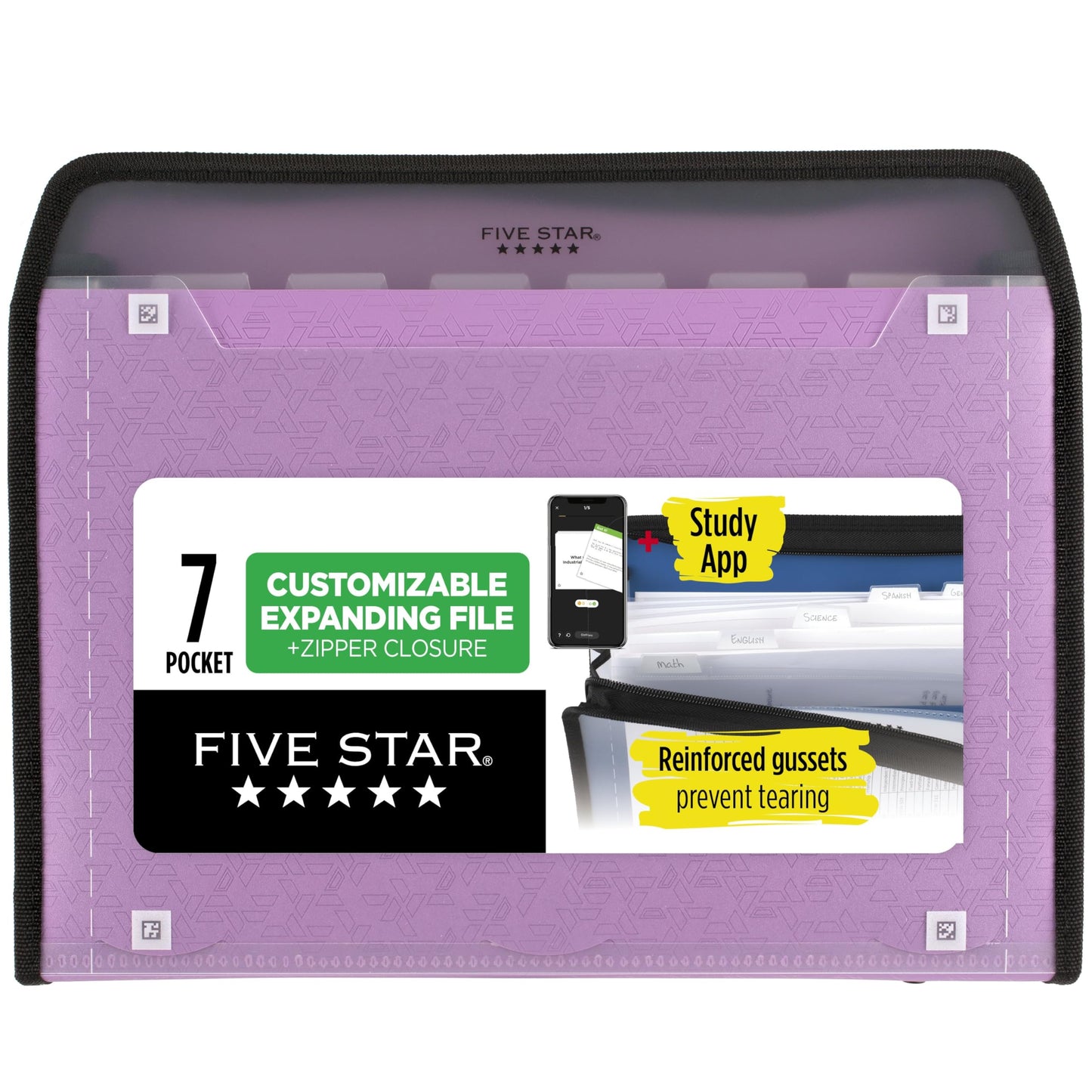 Five Star Expanding File Organizer + Study App, 7-Pocket Accordian File Organizer, Zipper Closure, Holds 8-1/2" x 11" Paper, Amethyst Purple