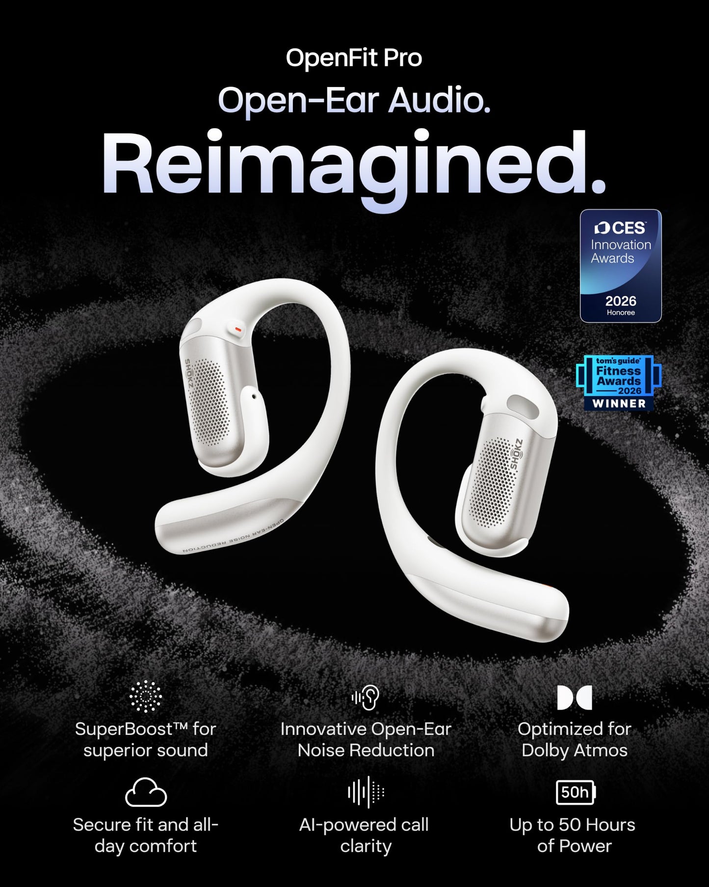 SHOKZ OpenFit Pro Open-Ear Earbuds with Noise Reduction, Dolby Atmos, White
