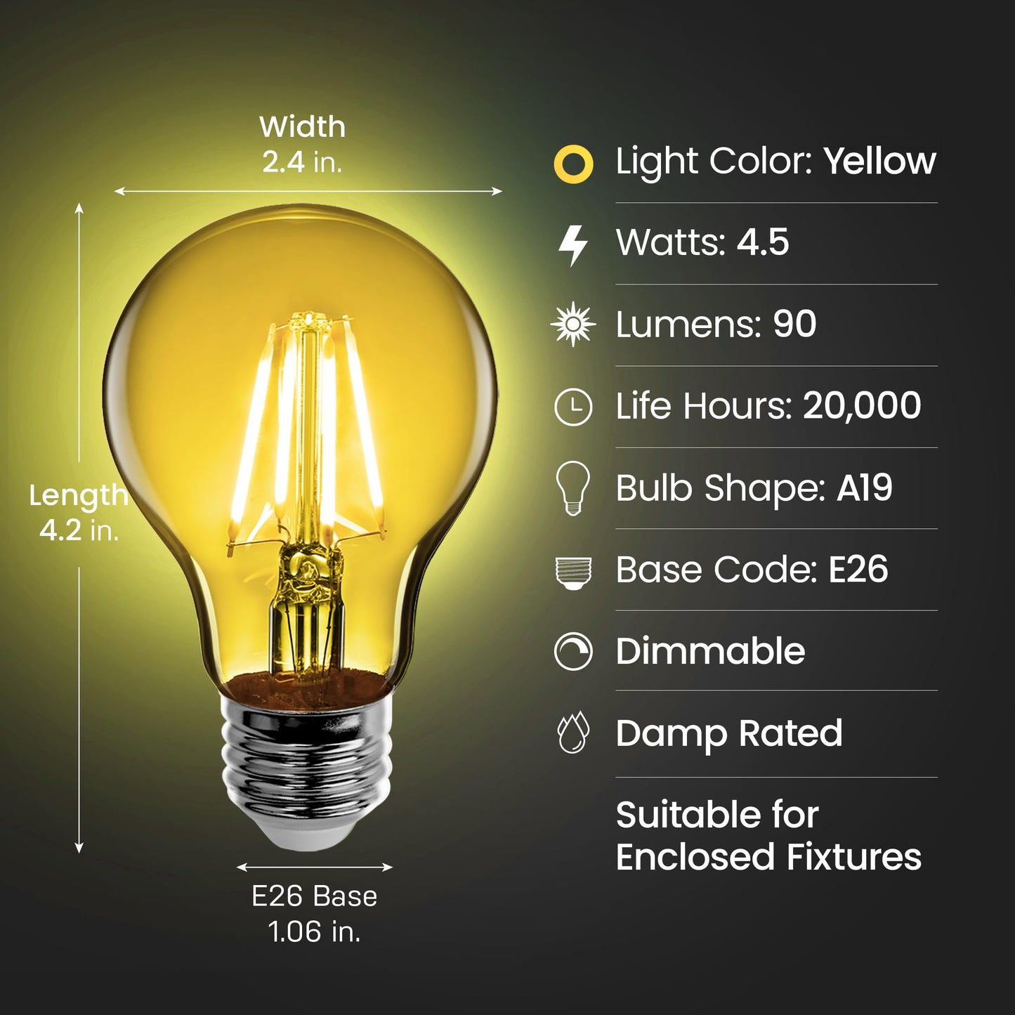 Feit Electric A19 Yellow LED Filament Light Bulb, 4.5W (40W Equivalent), Dimmable, Clear Glass, 600 Lumens, Vintage Style for Home, Party, Bar,