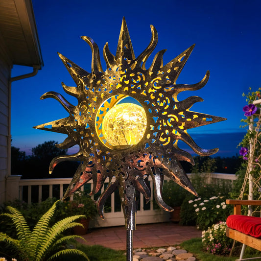 HOMEIMPRO Large Sun Solar Garden Decor Lights Outdoor Garden Gifts Mom Dad, Crackle Glass Metal Stake Backyard Decor, Waterproof LED Lights for Lawn