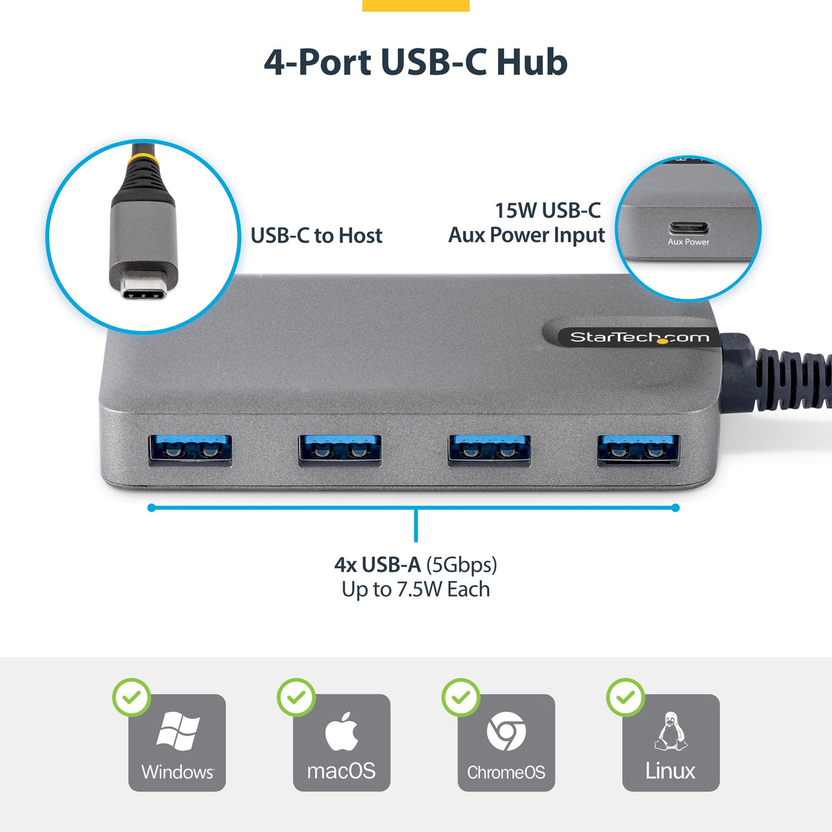 StarTech 4-Port USB-C Hub 5Gbps with 4X USB-A, Driverless (5G4AC-USB-C-HUB)