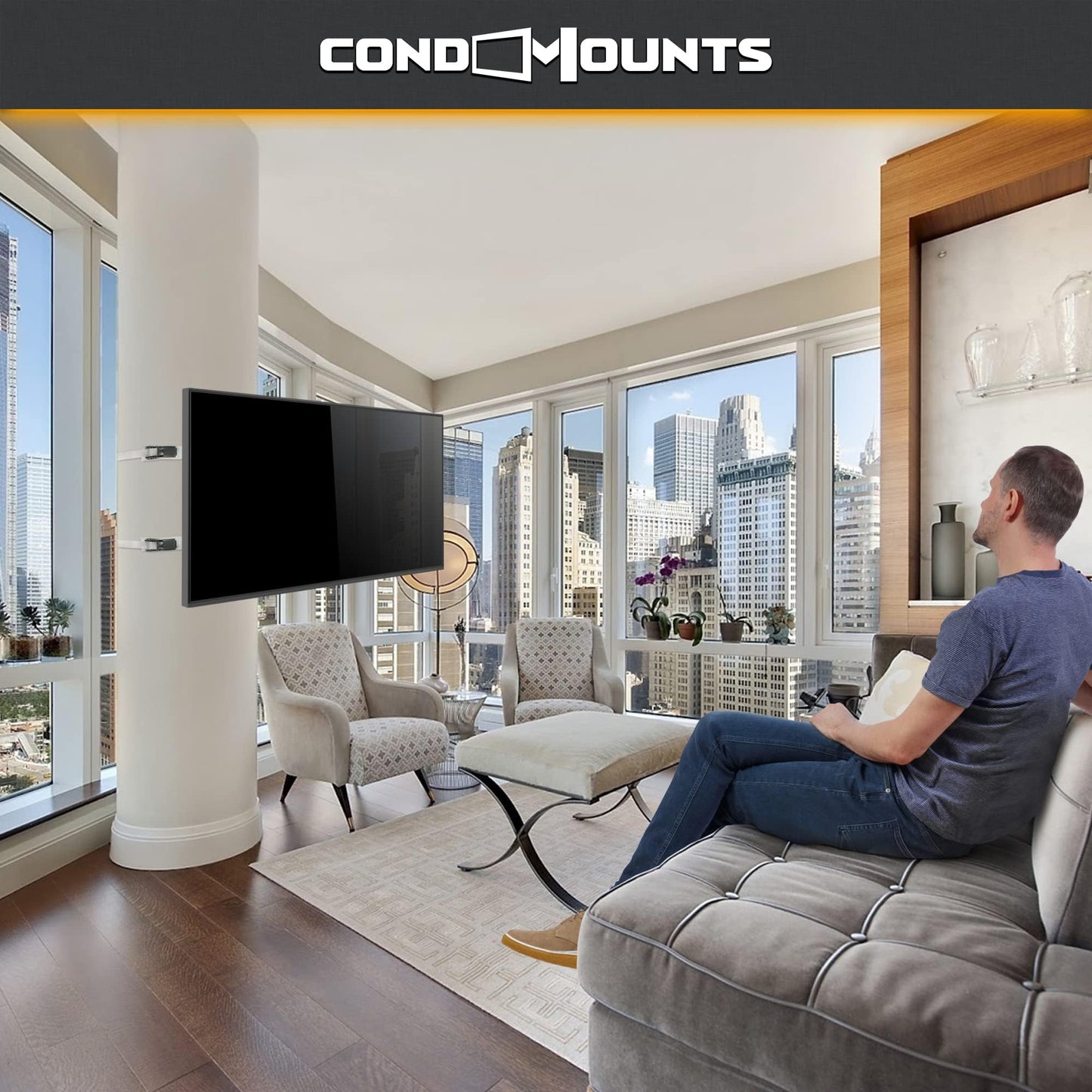 CondoMounts CLMTVA1044 Full Motion Large Pillar TV Mount | Column | Round & Square TV Post Mount | NO Drill | Holds 80lbs | Fits 32-in. to 70-in. TVs