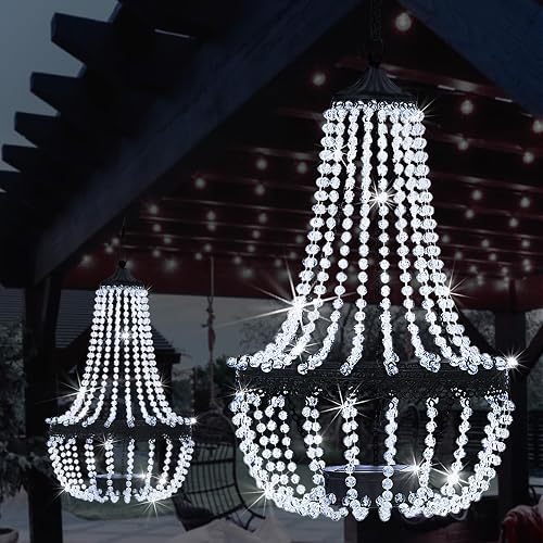 Hanging Solar Chandelier Outdoor, 30 Cool White Lights Acrylic Clear Beaded Chandelier with S Hooks Modern Lantern for Garden Yard Patio Gazebo