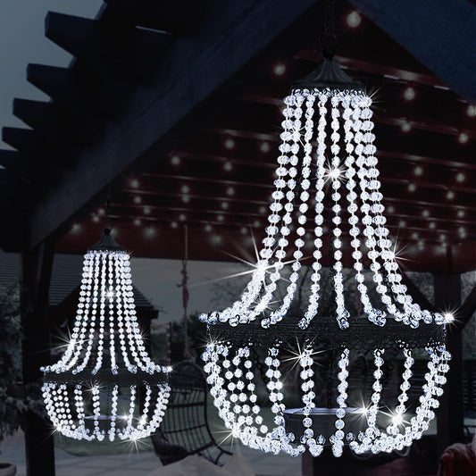 Hanging Solar Chandelier Outdoor, 30 Cool White Lights Acrylic Clear Beaded Chandelier with S Hooks Modern Lantern for Garden Yard Patio Gazebo
