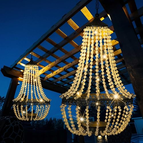 Hanging Solar Lantern Outdoor, 28” Modern Clear Crystal Acrylic Chandelier with 30 Warm White Lights S Hook for Garden, Yard, Patio, Gazebo
