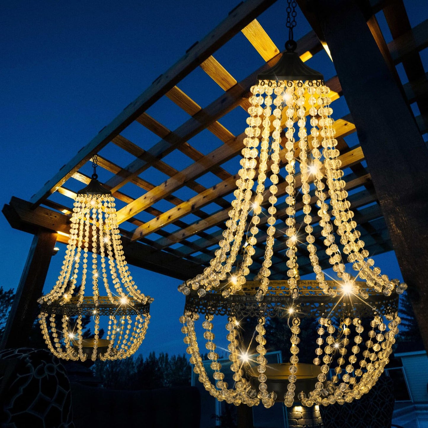 Hanging Solar Lantern Outdoor, 28” Modern Clear Crystal Acrylic Chandelier with 30 Warm White Lights S Hook for Garden, Yard, Patio, Gazebo