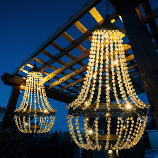 Hanging Solar Lantern Outdoor, 28” Modern Clear Crystal Acrylic Chandelier with 30 Warm White Lights S Hook for Garden, Yard, Patio, Gazebo