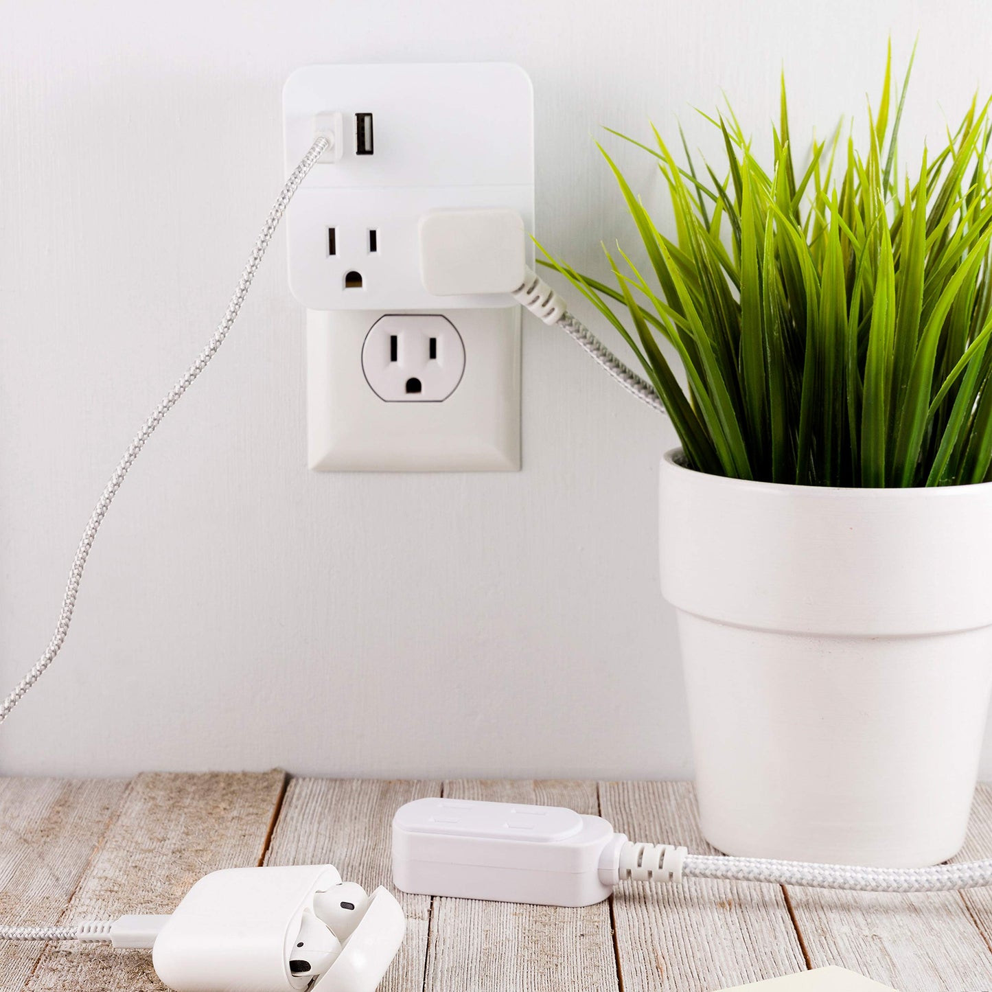 Cordinate 2 Outlet Extender, 3 Prong, Compact Adapter, Station, 2.1A USB Ports, Fast Charge for Devices, Easy Access Design, 2 Pack, White, 56162