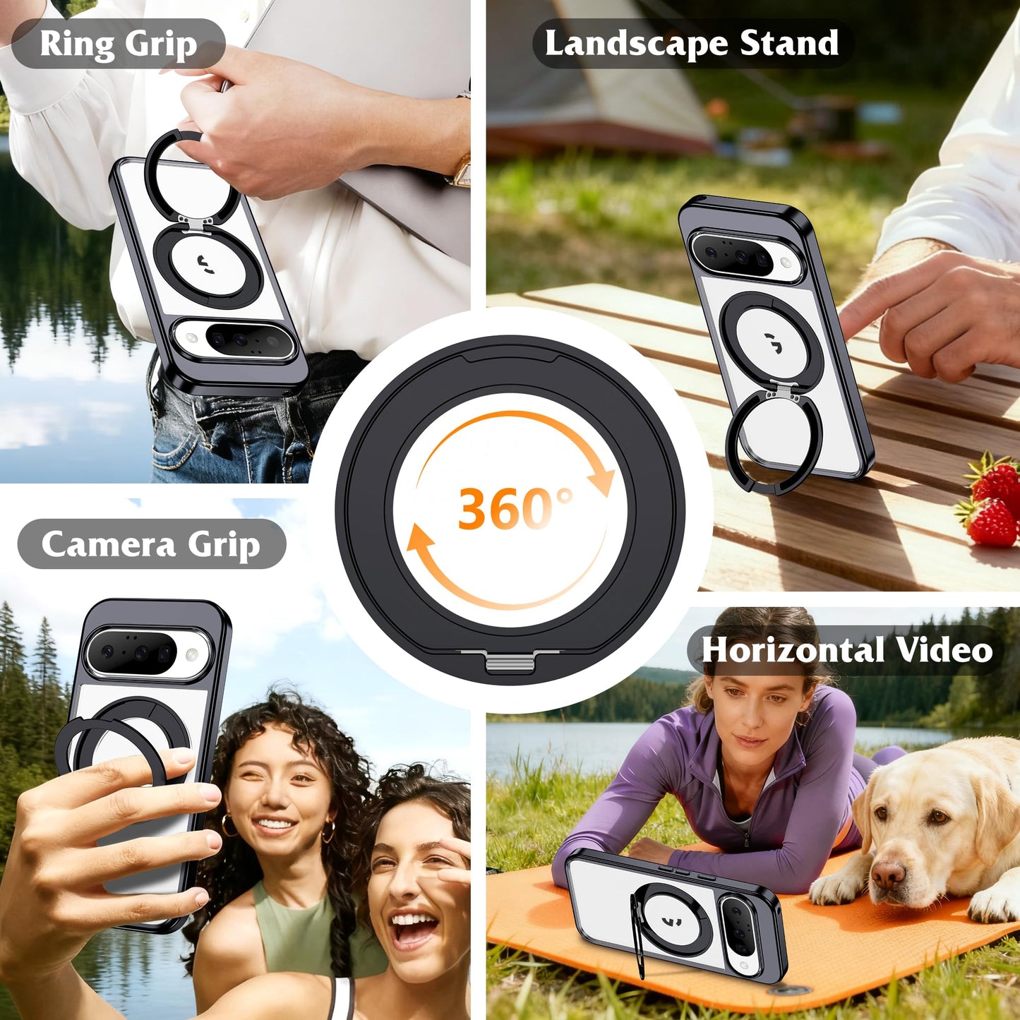 AmoraAqua Compatible with Clear Google Pixel 9 Case & Pixel 9 Pro Case 6.3'' with 360° Magnetic Ring Stand [Plating Phone Cases],Black