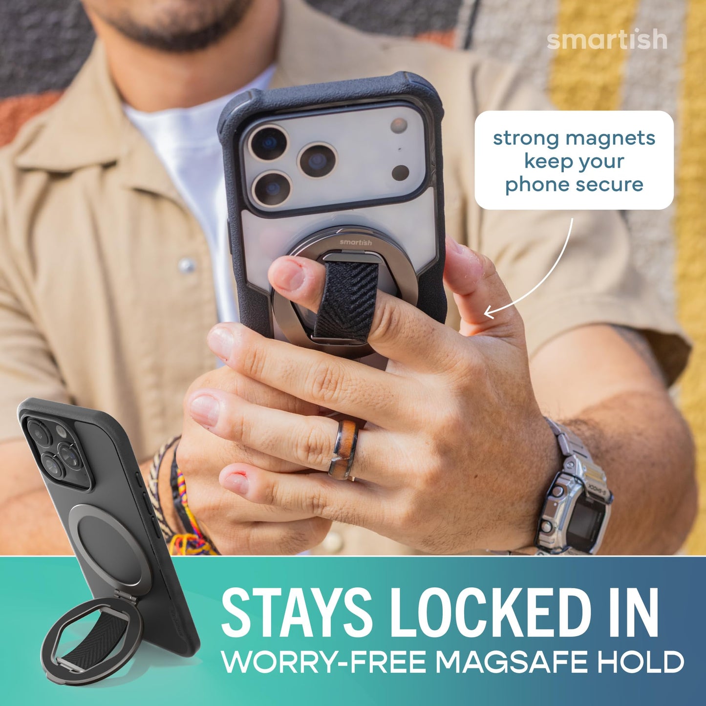 Smartish® MagSafe Grip Kickstand - Quickstand - Magnetic Cell Phone Finger Loop Grip - [Dual-Sided Magnets] Ring Holder Mount w/MagSafe Adapter Kit