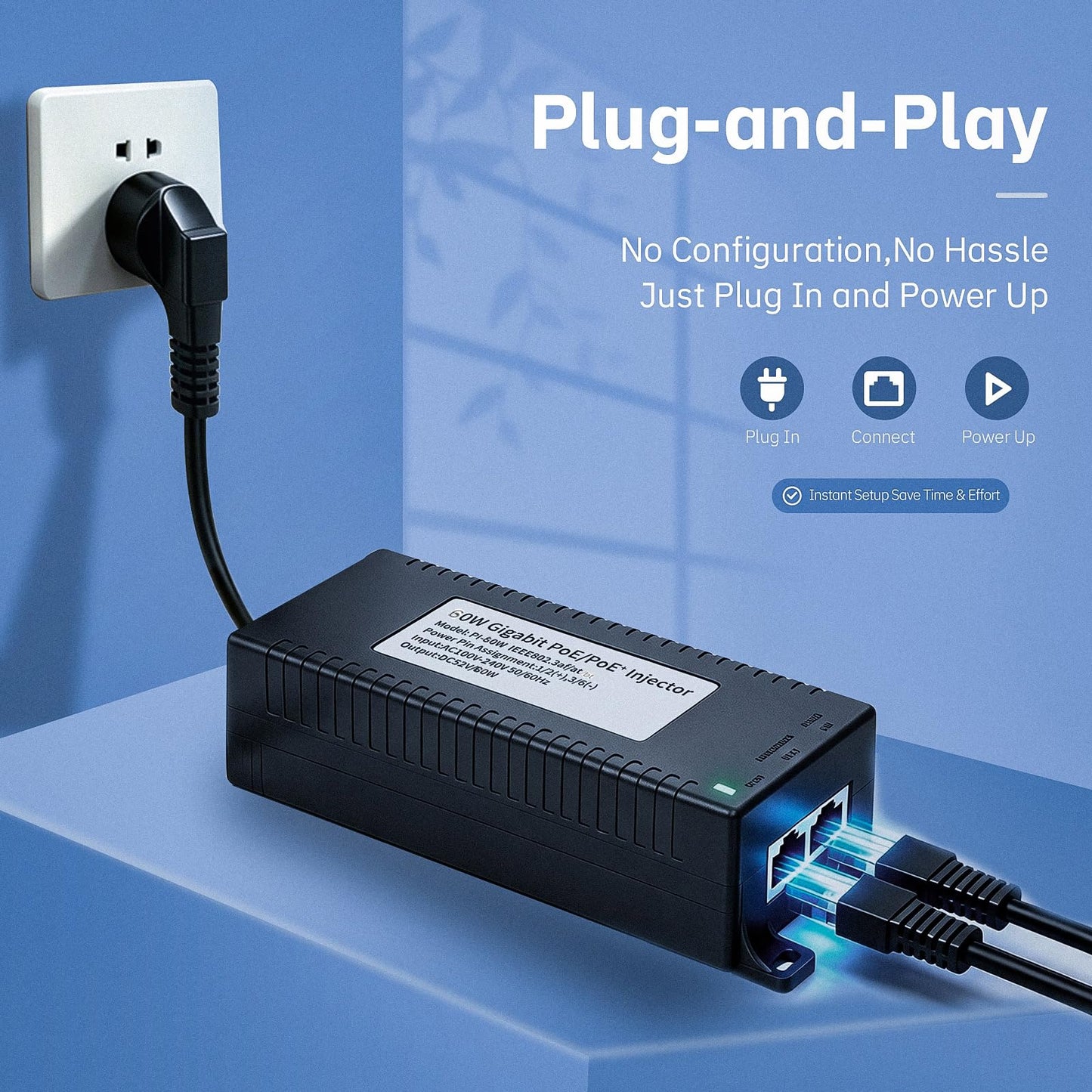 60W Gigabit PoE++ Injector, 48V Power Over Ethernet Adapter, 802.3af/at/bt