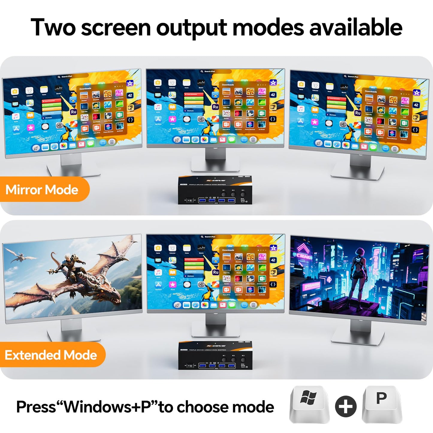KCEVE 8K KVM Switch 3 Monitors 3 Computers Displayport HDMI, USB 3.0 KVM Switch Triple Monitor 4K@144Hz 8K@60Hz for 3 Computers Share Keyboard Mouse