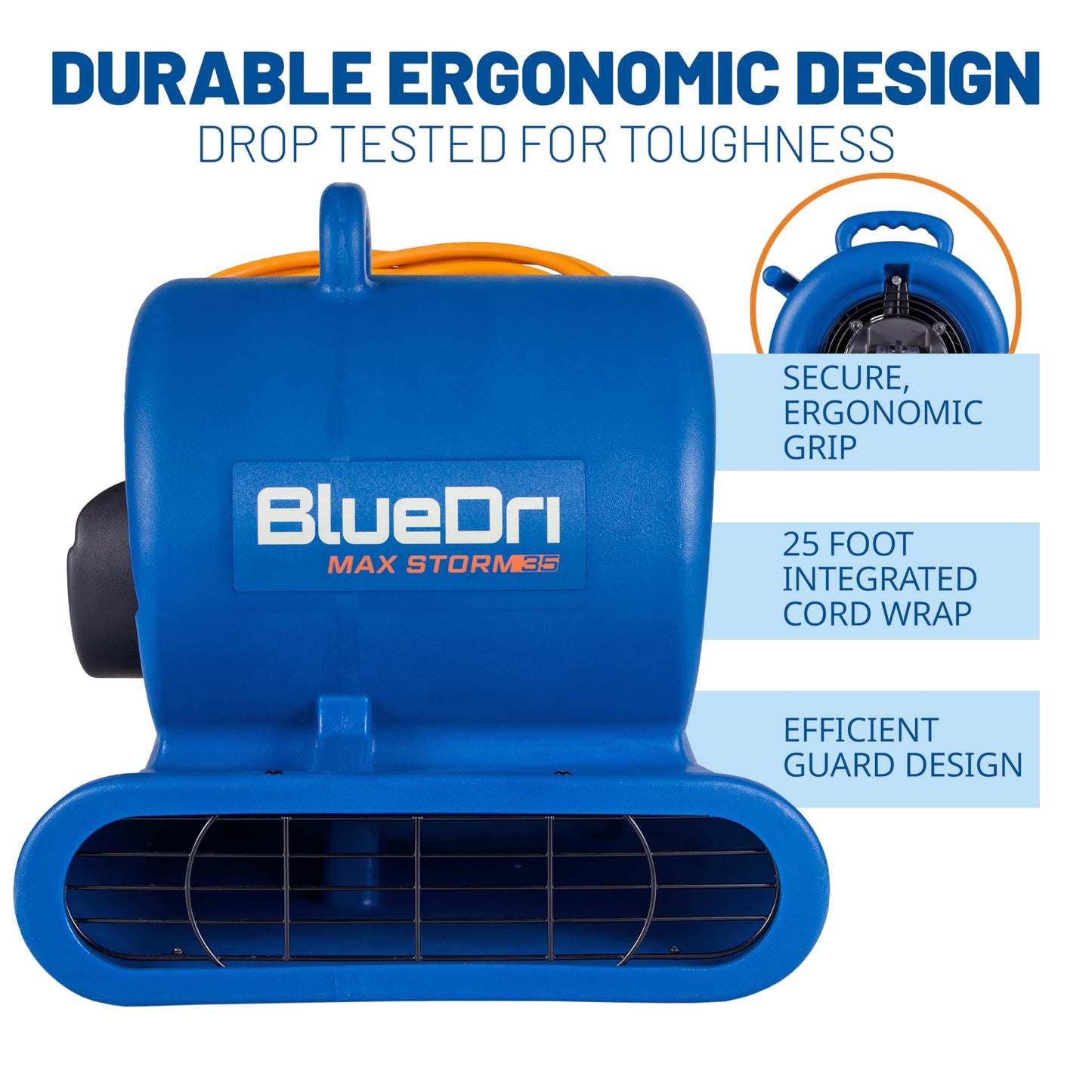 BlueDri Max Storm 35 1/3 HP 2900 CFM Air Mover Blower Floor Fan for Industrial Water Damage Flood Restoration Carpet and Floor Drying Blower Fan