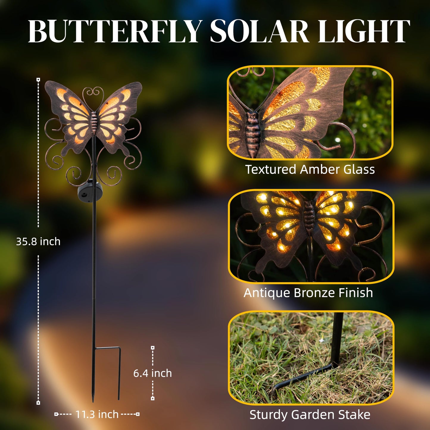 Lune cle Butterfly Solar Lights for Outside, 36 inches Waterproof Metal Solar Pathway Lights, Large Solar Butterfly Lights Outdoor Garden Decor, Warm