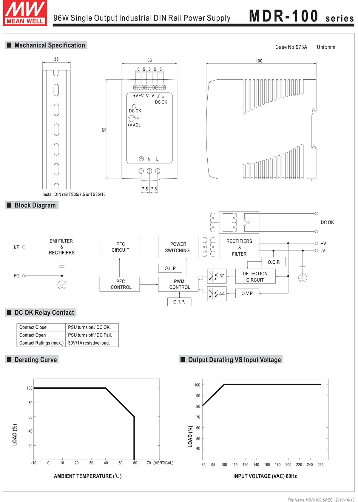 Mean Well Original MDR-100-48 Single Output Industrial DIN Rail Power Supply 48V 2A 96W