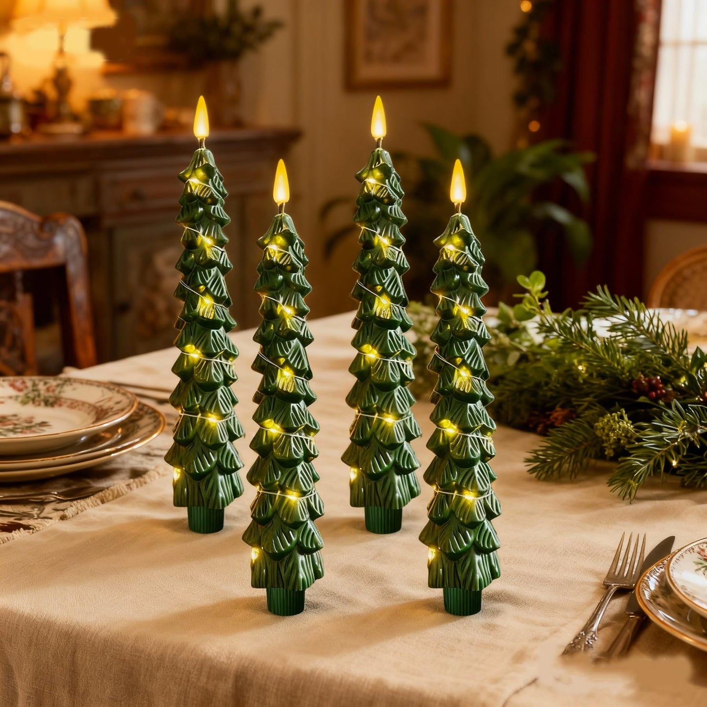 Qaeshi Christmas Tree Candles with Warm String Lights, LED Taper Candles with Remote Timer, Battery Operated Candle, 3D Flickering Christmas Flameless