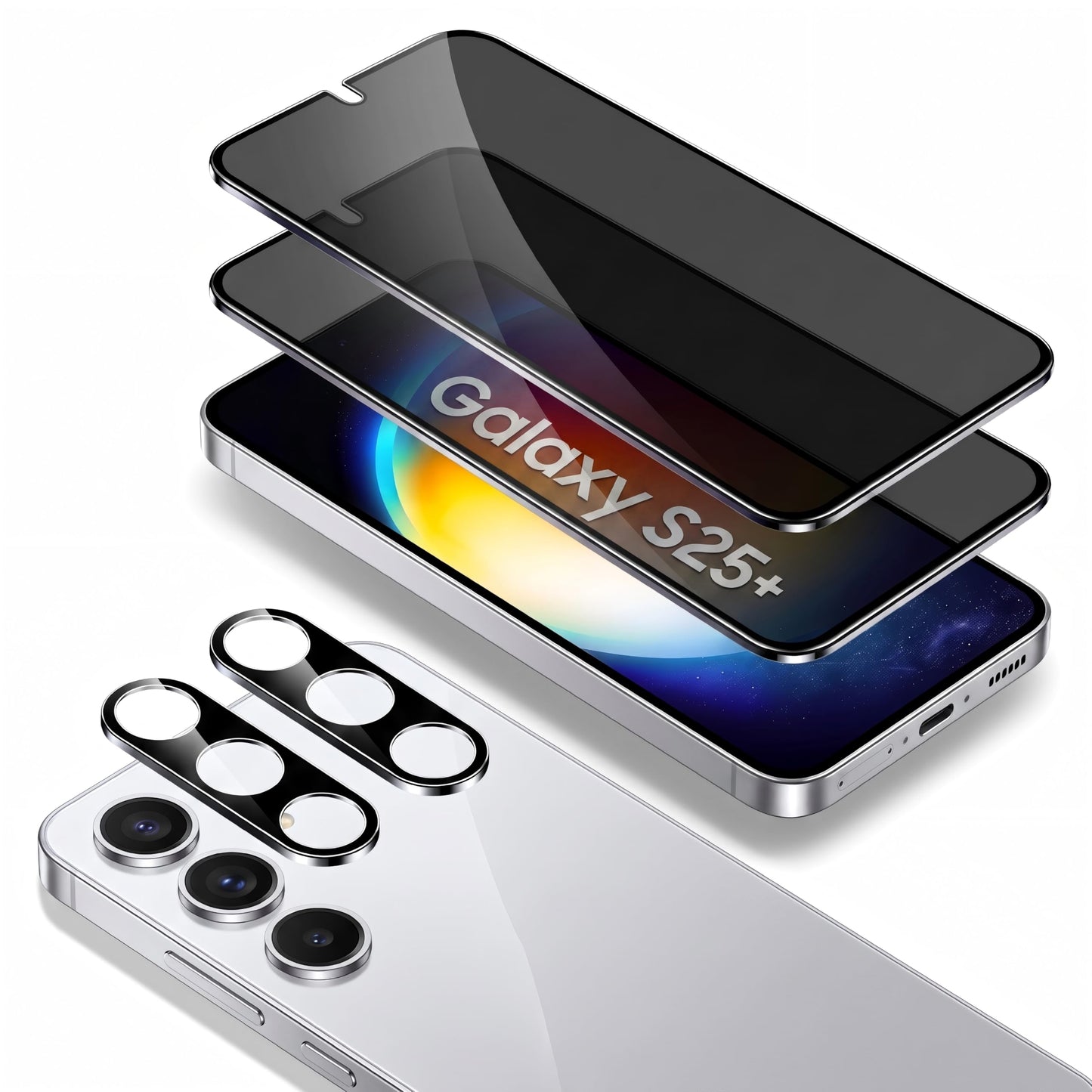 2 Pack Privacy Screen Protector for Samsung Galaxy S25 Plus with 2 Pack Camera Lens Protector, Tempered Glass Fingerprint Unlock Compatible, 180
