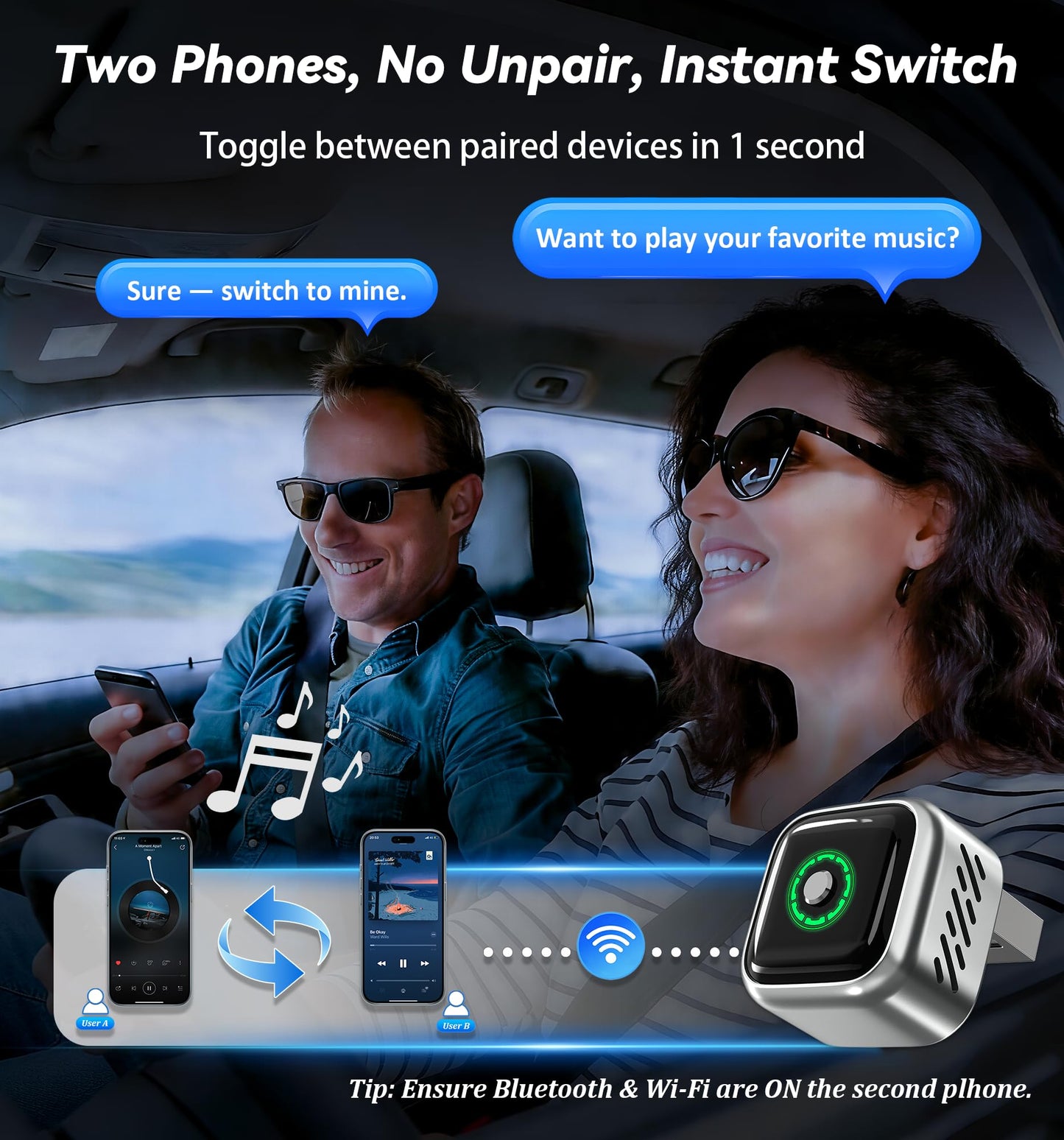 Wireless CarPlay Adapter with Buttons for Privacy Call & Two-Phone Fast Switch, Aluminum Cooling, Dual-Band WiFi Bluetooth5.0, Mini Cable-Free
