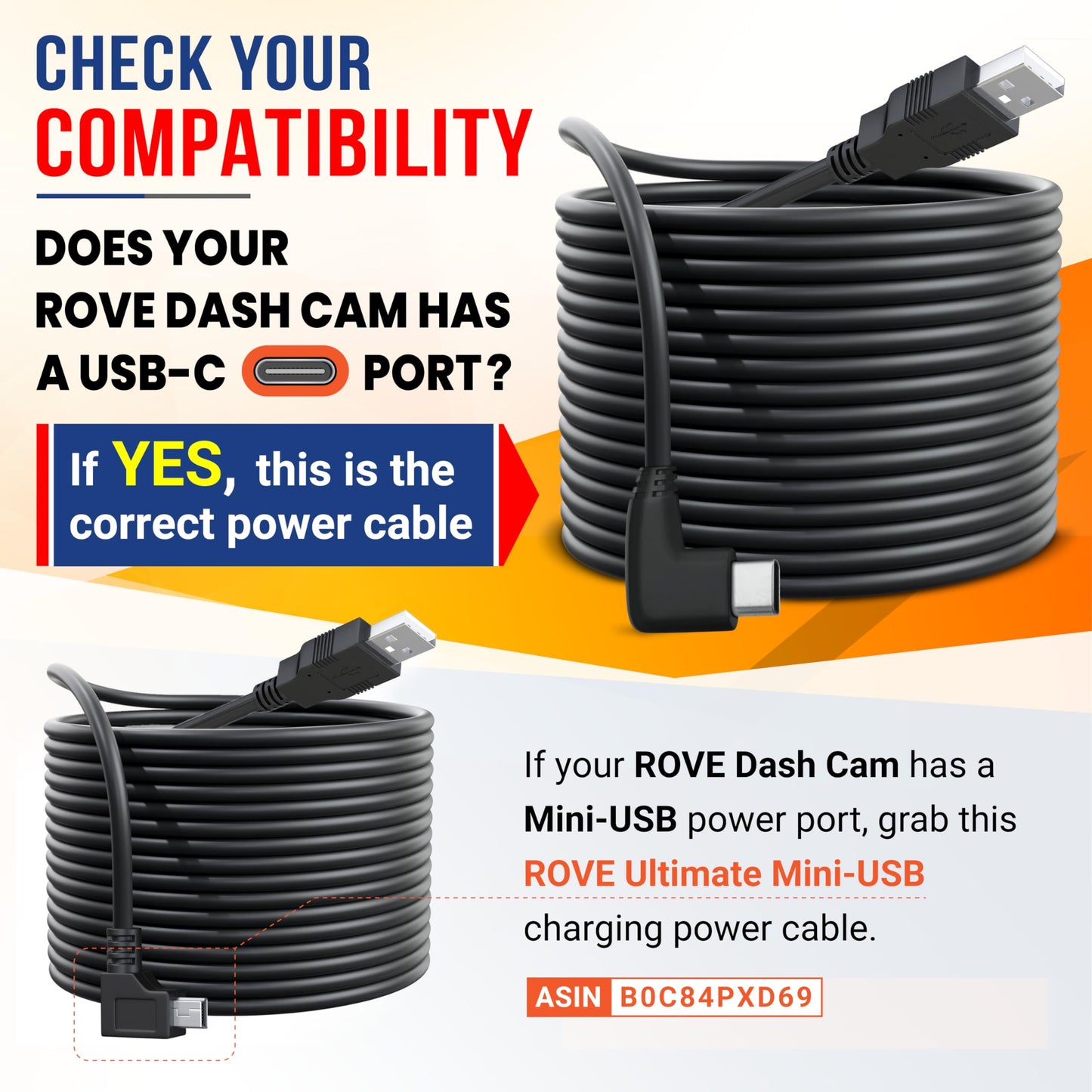 ROVE Ultimate 12ft USB-C Car Charging Power Cable R3, R2-4K (USB- C Port), and R2-4K PRO Dash Cam | Check Compatibility Image Before Purchasing