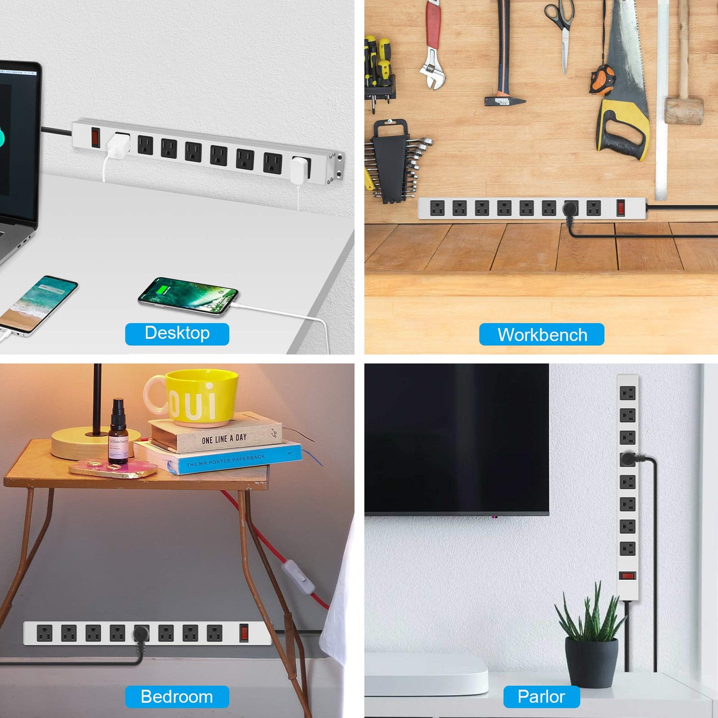 JUNNUJ Metal 8 Outlet Power Strip, Mountable Heavy Duty Power Strip, 1200J Surge Protector Wall Mount Screws Outlet with Switch, Gaming Desk Strips