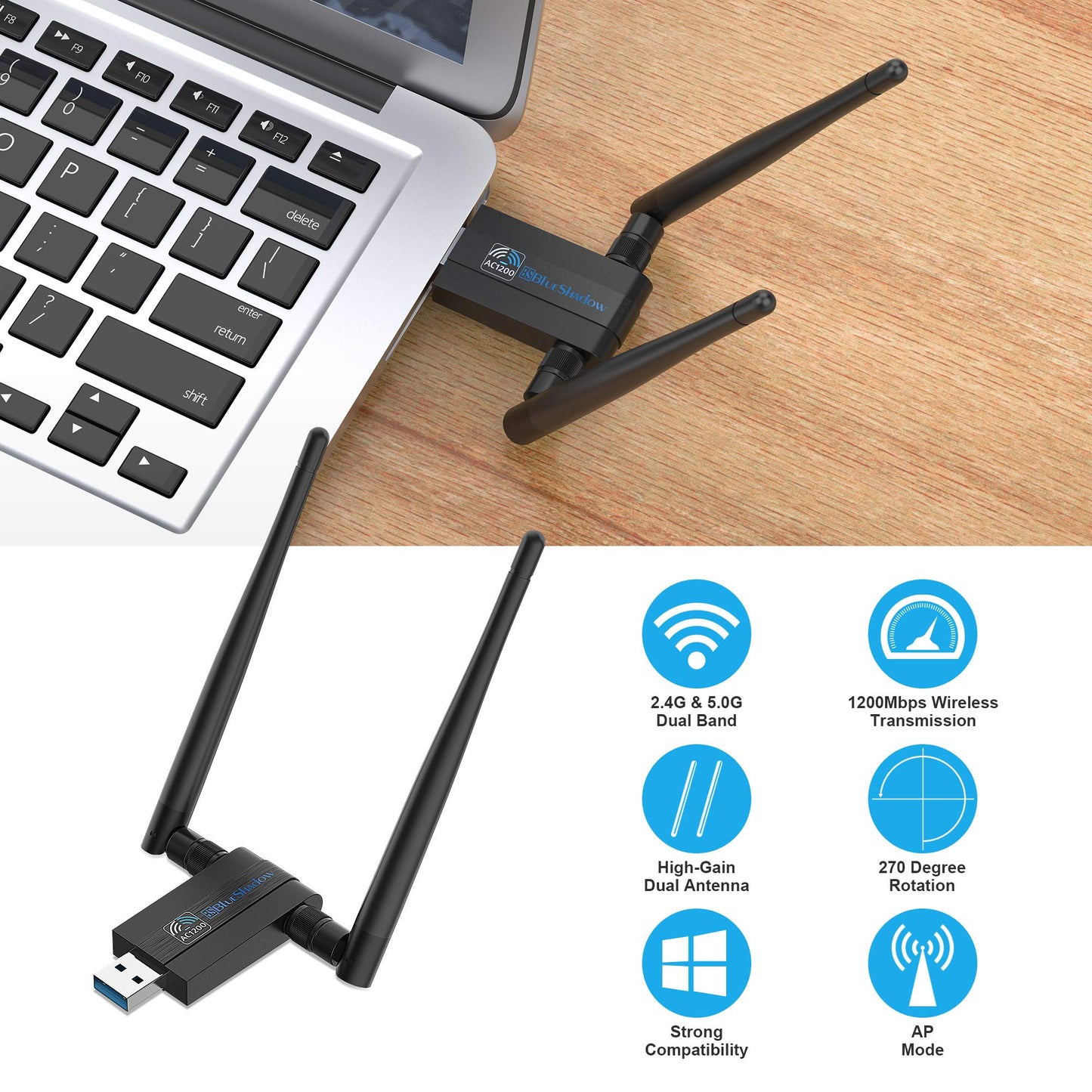 Blueshadow AC1300 USB WiFi Adapter - 2.4G/5G Dual Band Wireless Network Adapter for PC Desktop, MU-MIMO WiFi Dongle, USB 3.0, Supports