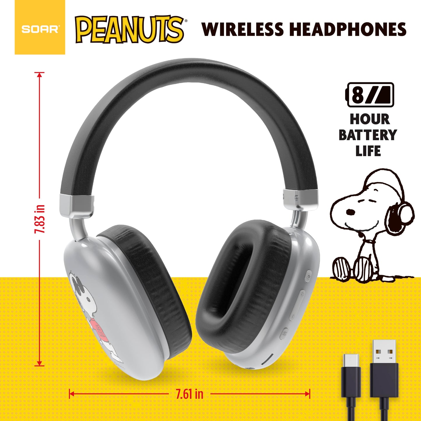 SOAR Peanuts Active Noise Cancelling Wireless Headphones Silver- Snoopy
