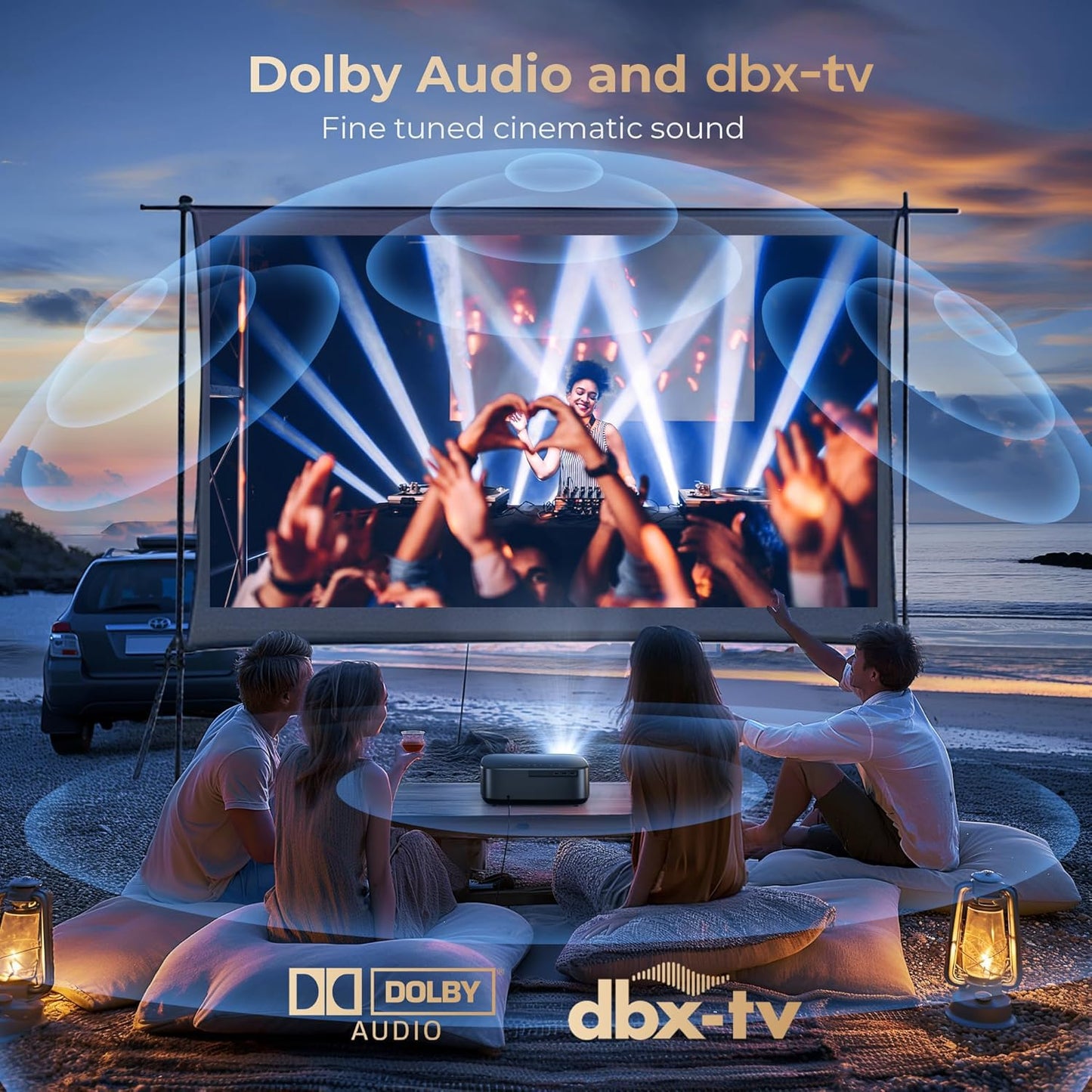 [1200 ANSI & Audio by dbx-tv] Alvar Projector with WiFi 6 and Bluetooth, 30W Speakers, Built in NetfIix App & DoIby Audio Outdoor Proyector, Auto