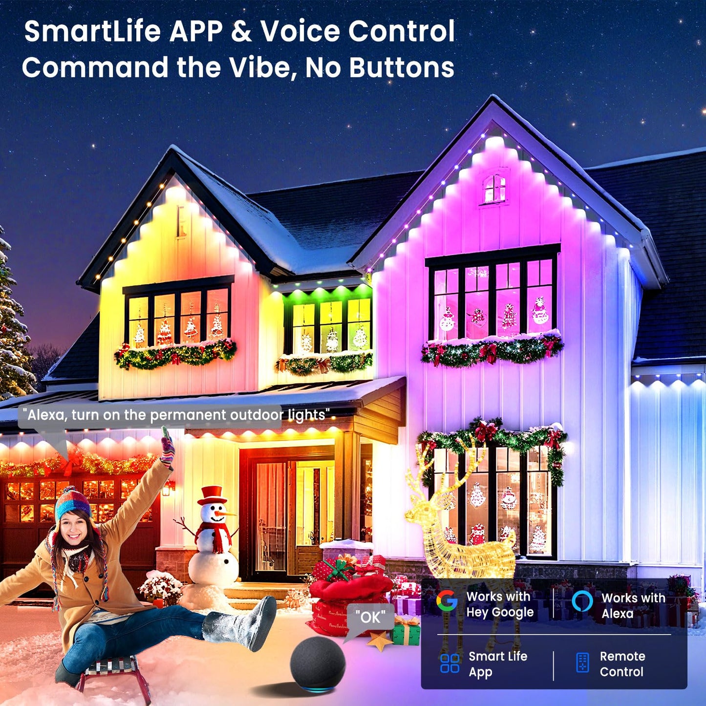 Smart Permanent Outdoor Lights for House, 100ft with 60 RGB Permanent Christmas Lights, P67 Waterproof with DIY Scene for Halloween Christmas Decor
