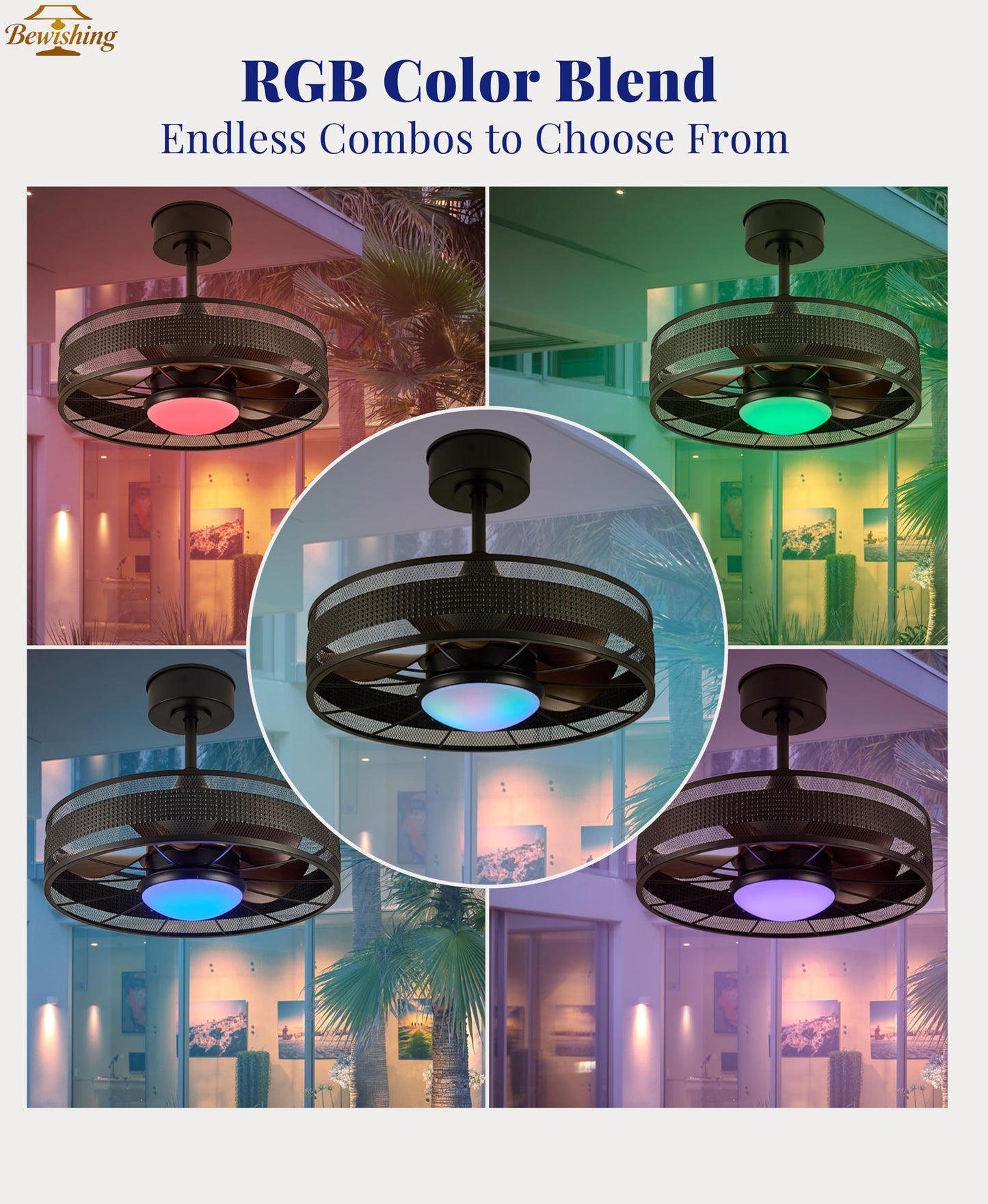 Bewishing 20" Outdoor Indoor Ceiling Fan with Light, IP44 Waterproof Fandelier, RGB & 3 CCT, Smart APP Remote, 6-Speed DC Motor, Cage Design