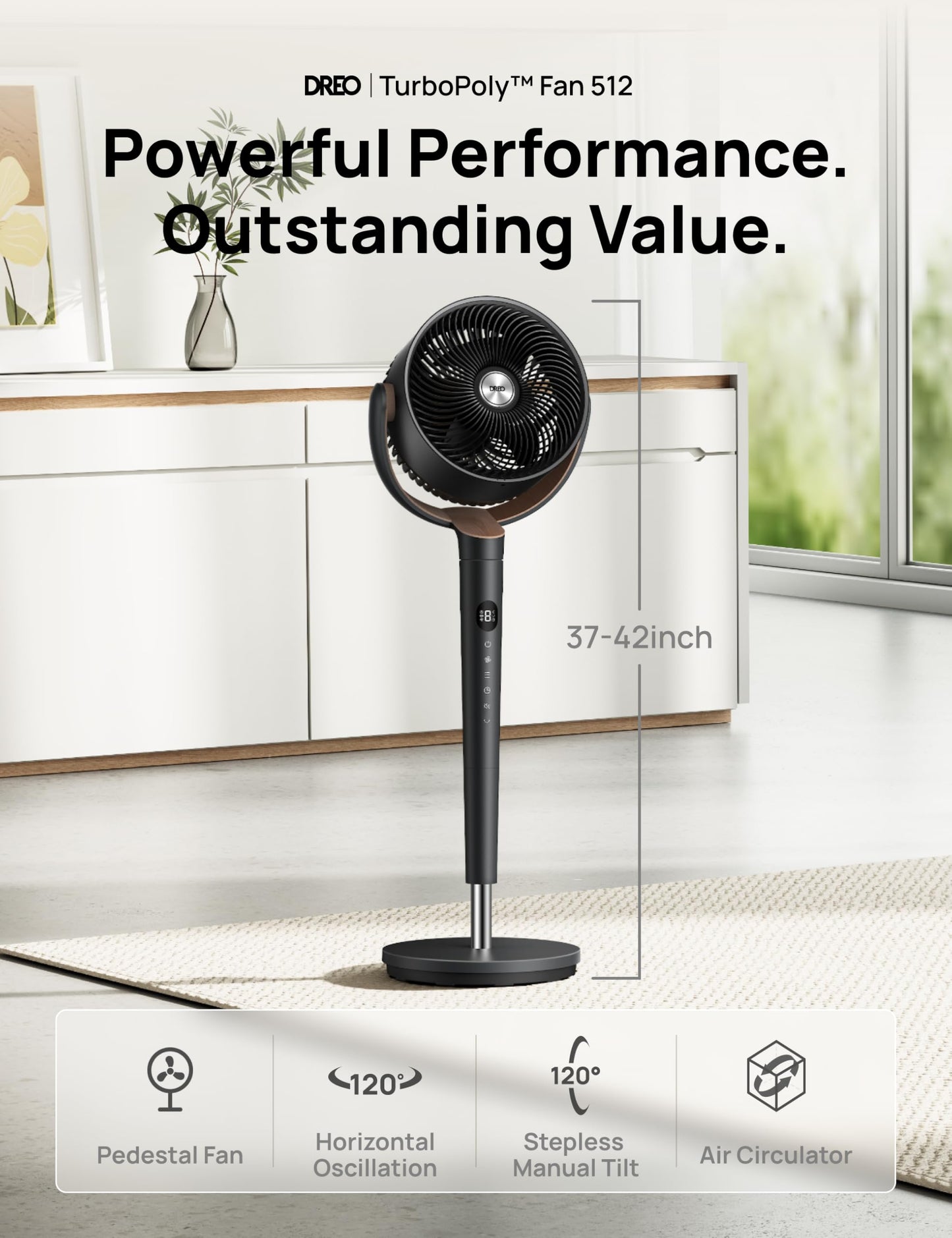 DREO Fan for Bedroom, 120° Oscillating Standing Fan, Quiet Floor Fan with DC Motor, Pedestal Fan for Room, 9 Speeds, 4 modes, 120° Manual Vertical