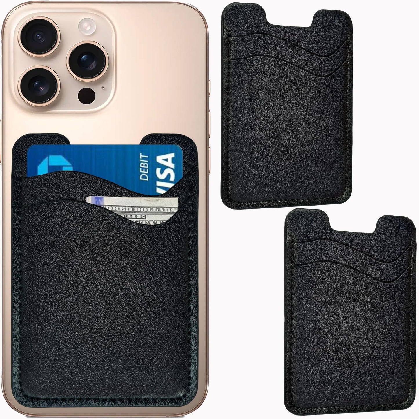 SNJXAMC Phone Wallet Stick ON,Credit Card Holder for Phone Case,Leather Wallet,Stick On Wallet for iPhone Samsung Android,Card Holder,2 Pack,Black