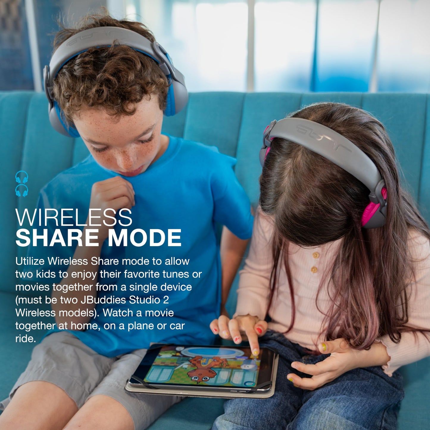 JLab JBuddies Studio 2 Wireless +Wired On-Ear Kids Headphones, Grey/Blue, 65+ Hour Battery Life, Share Mode, Volume Safe, Volume Limiter, Folding…