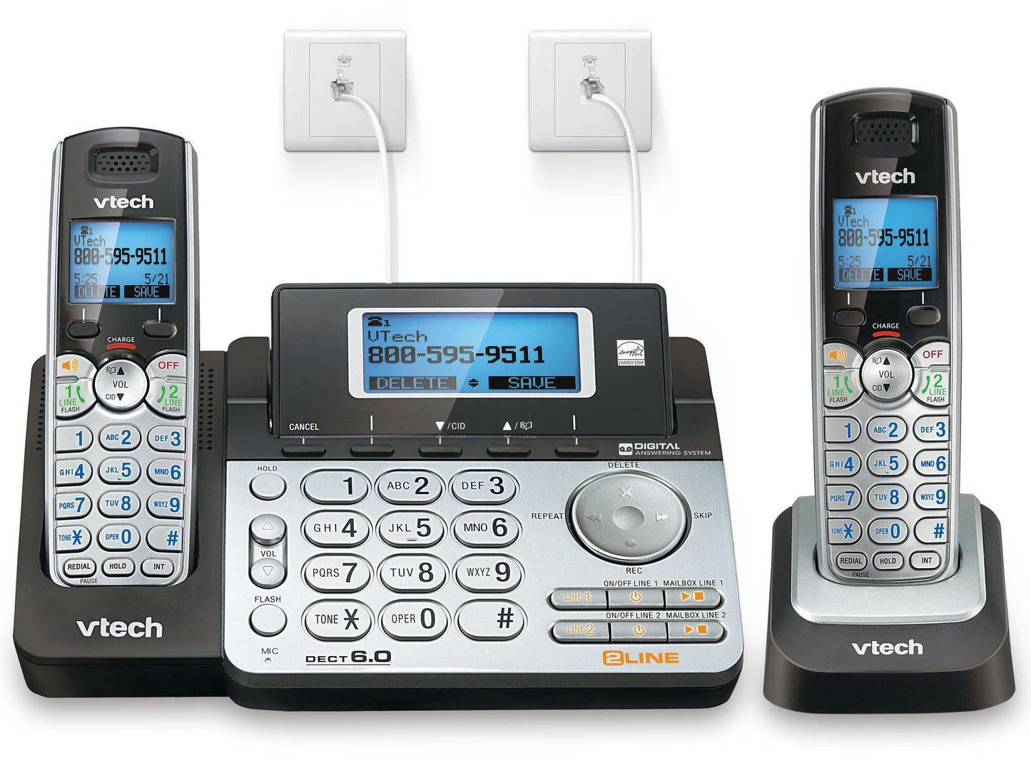 VTech DS6151-2 2-Line Expandable Cordless Phone System with 2 Handsets, Digital Answering System, Caller ID, DECT 6.0 - Home & Small Business