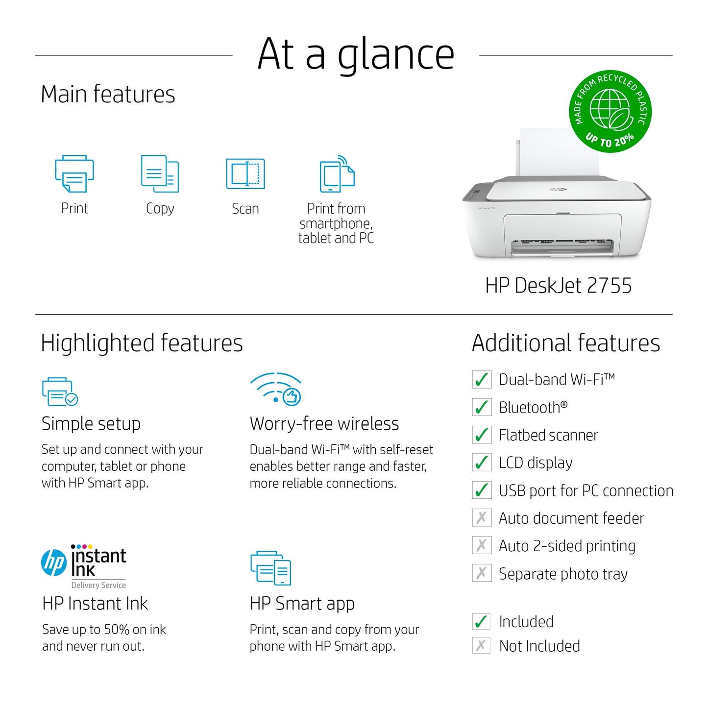 HP DeskJet 2755 All-in-One Wireless Printer Scanner Copier Instant Ink Ready Mobile Print Black 7.5ppm Color 5.5ppm Wifi Inkjet Computer Printers