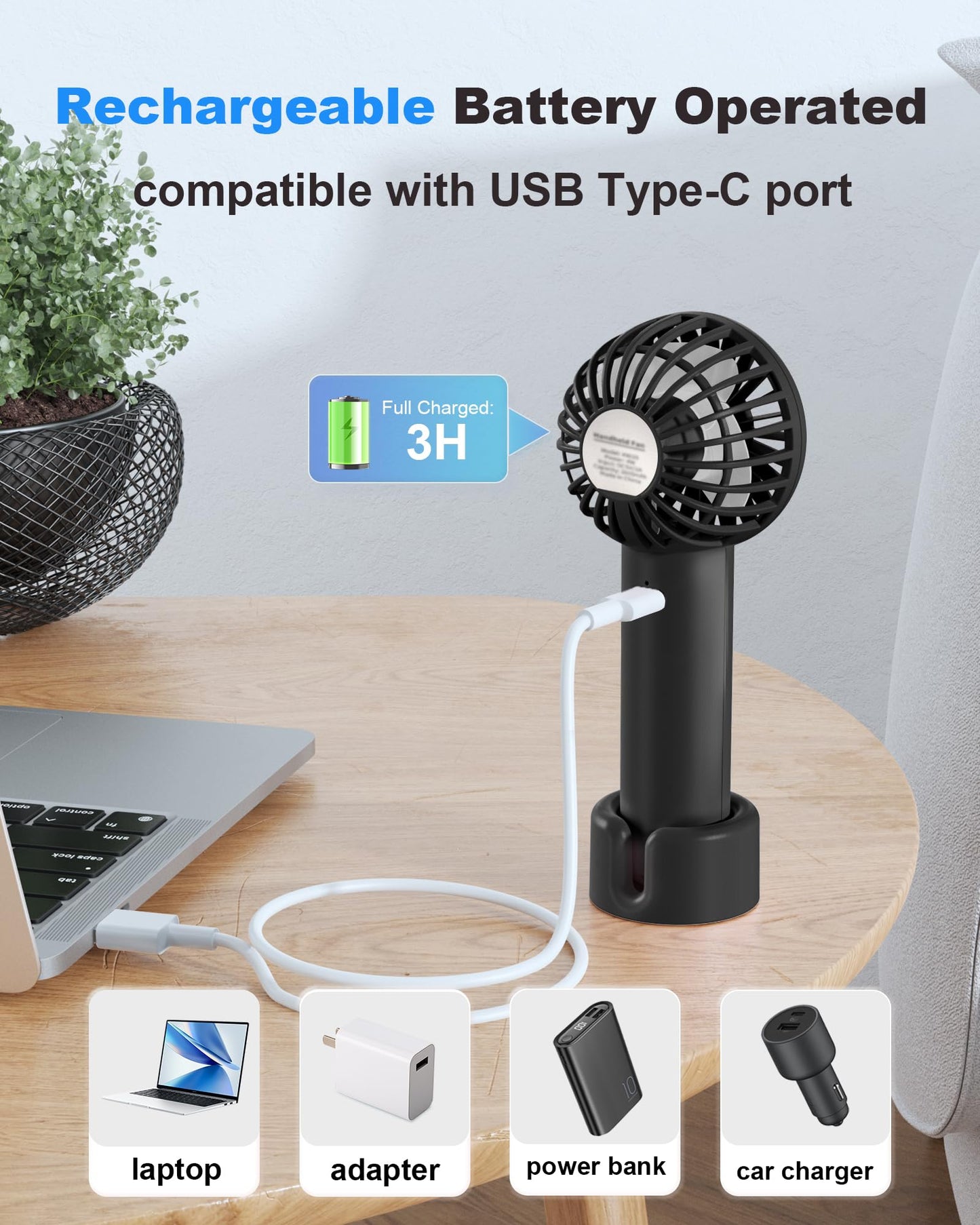Coohea Mini Handheld Fan, 3 Speed, 3-in-1 Small Rechargeable Portable Fan